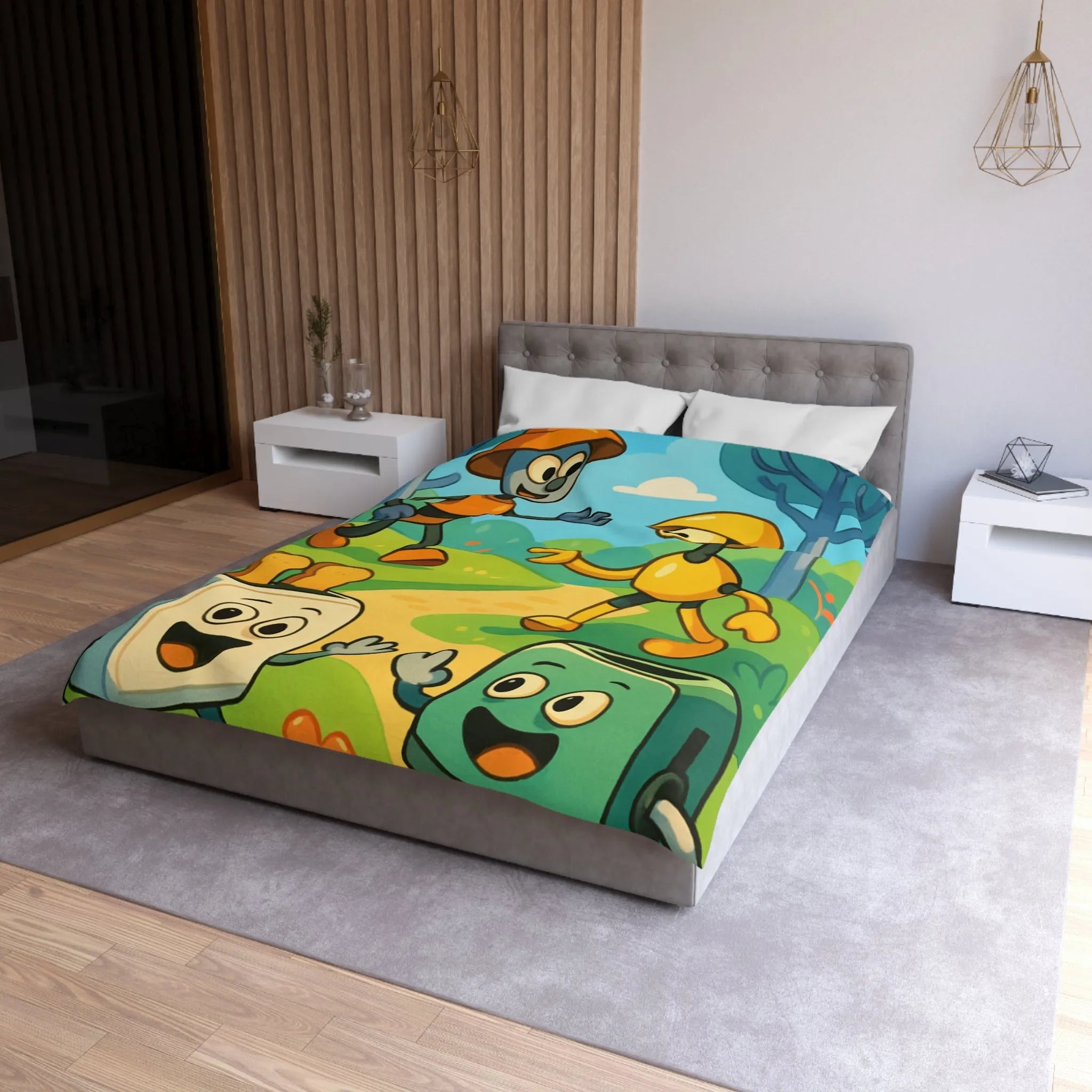 Housse de couette colorée avec robots joyeux et paysage forestier graphique