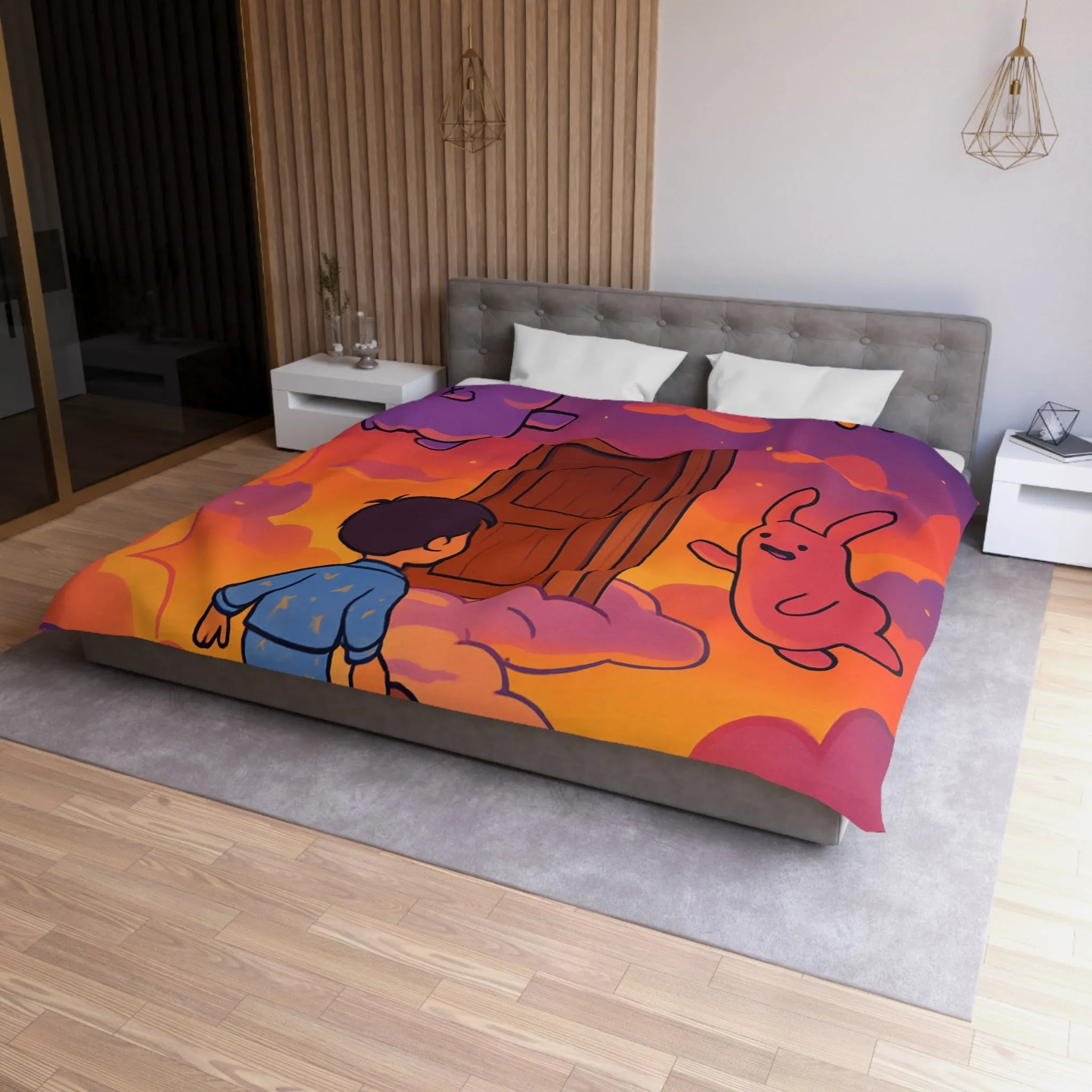 Housse de couette enfants : rêves colorés avec nuages et créatures magiques amusantes