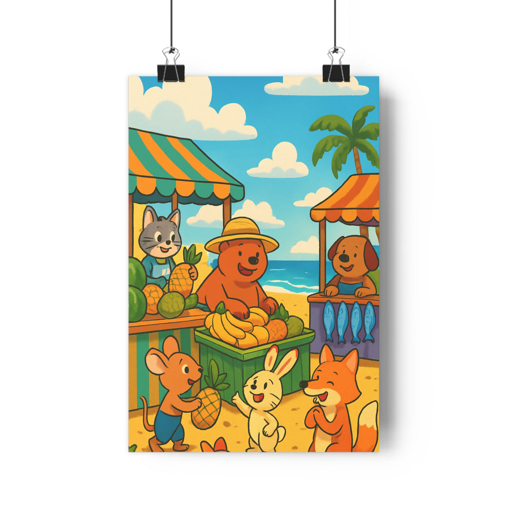 Poster décoratif cartoon jaune bleu vert joyeux chambre enfant salon animalier estival unique qualité