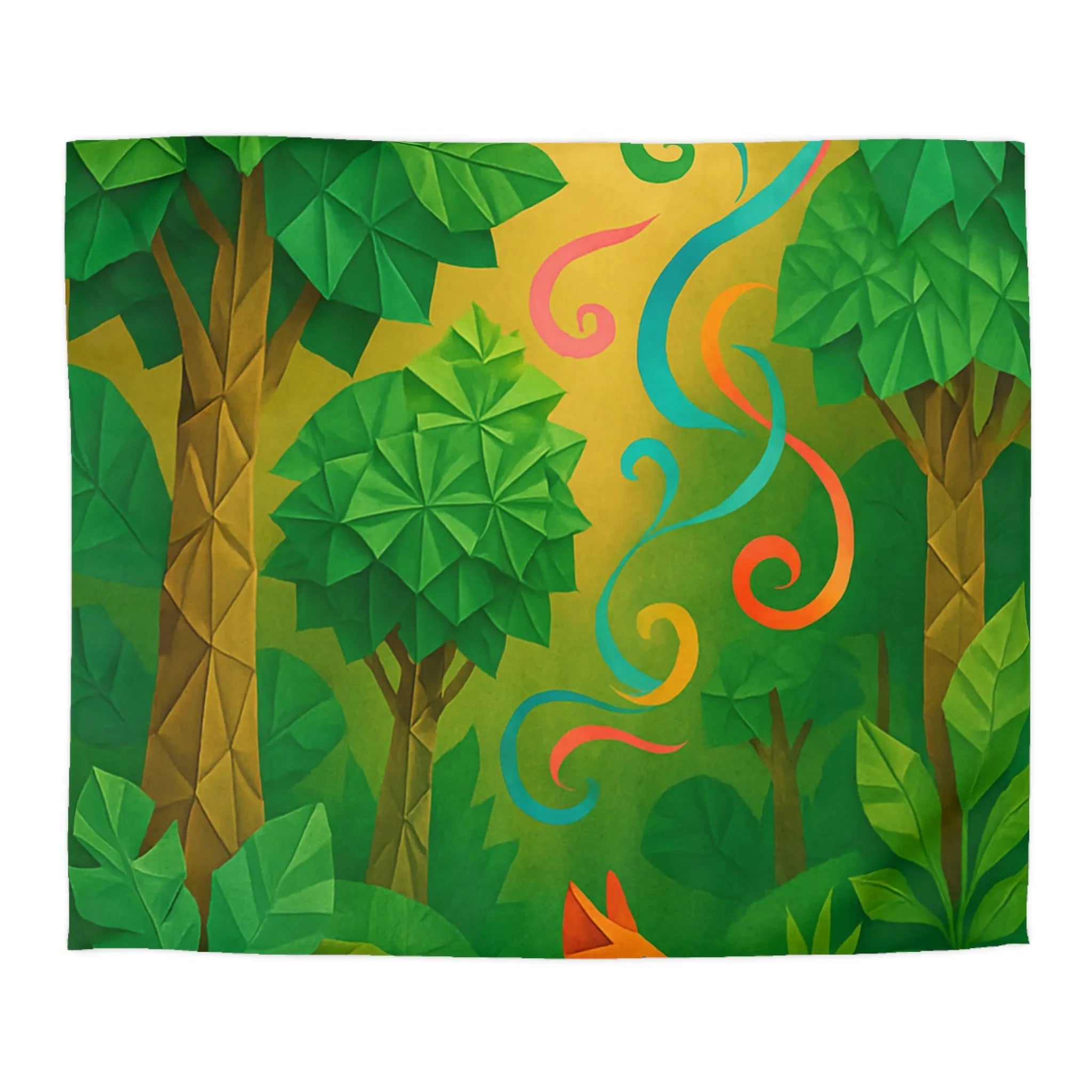Housse de couette design forêt avec renard orange et motifs tourbillonnants colorés