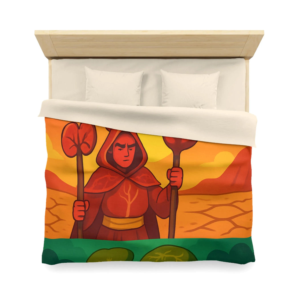 Housse de couette colorée avec trois mages, nature et paysages stylisés, ambiance apaisante