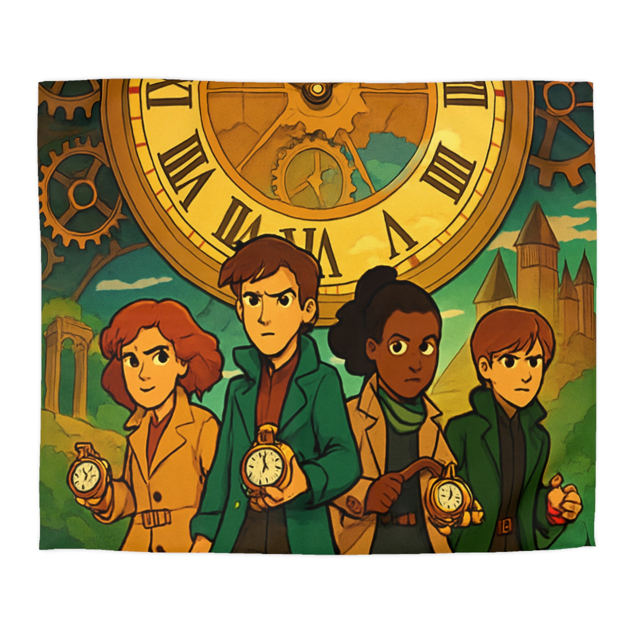 Housse de couette style aventure avec horloge vintage et personnages détectives mystérieux