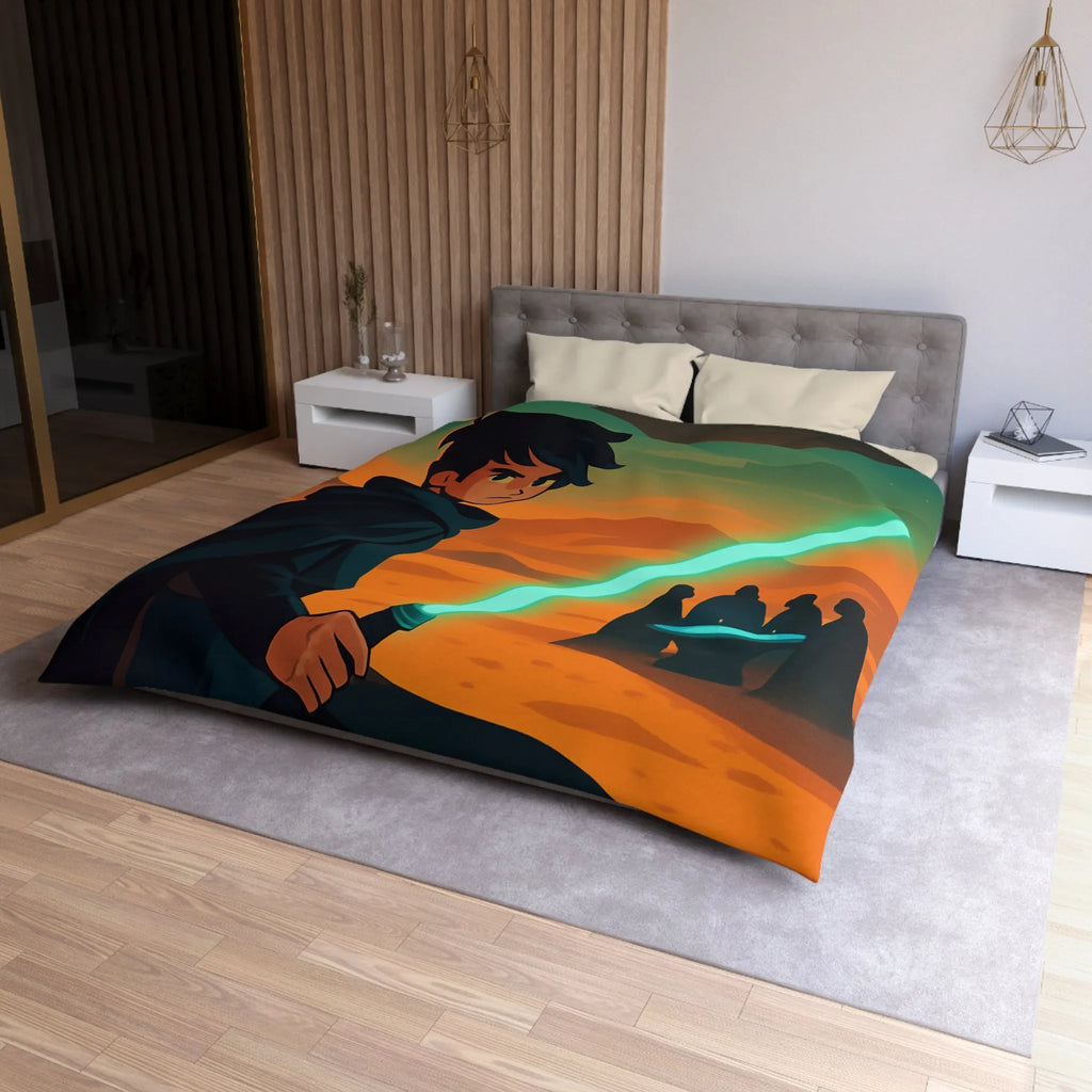 Épique scène de science-fiction avec héros sabre lumineux et vaisseau spatial en arrière-plan