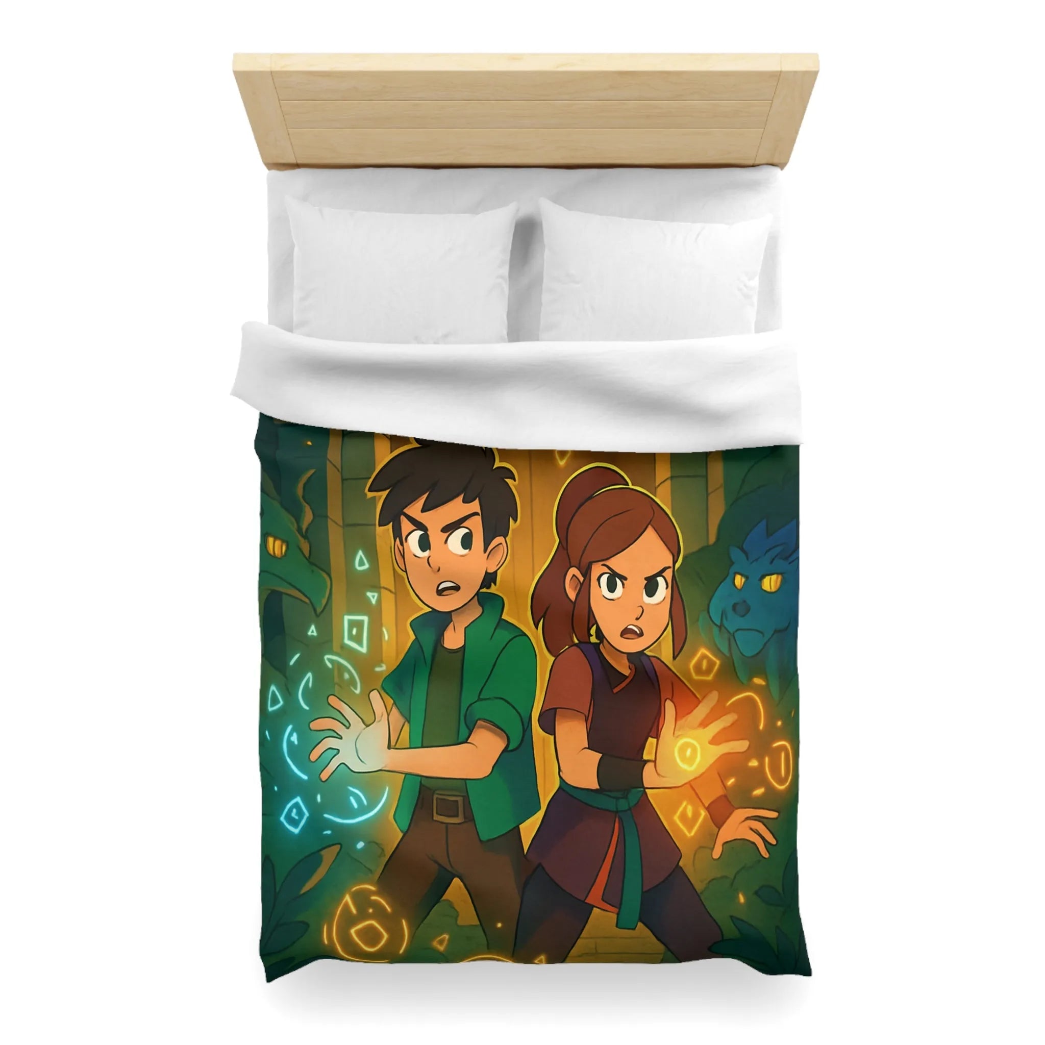 Housse de Couette Magique avec Enfants et Symboles Lumineux Devant un Portail Mystique