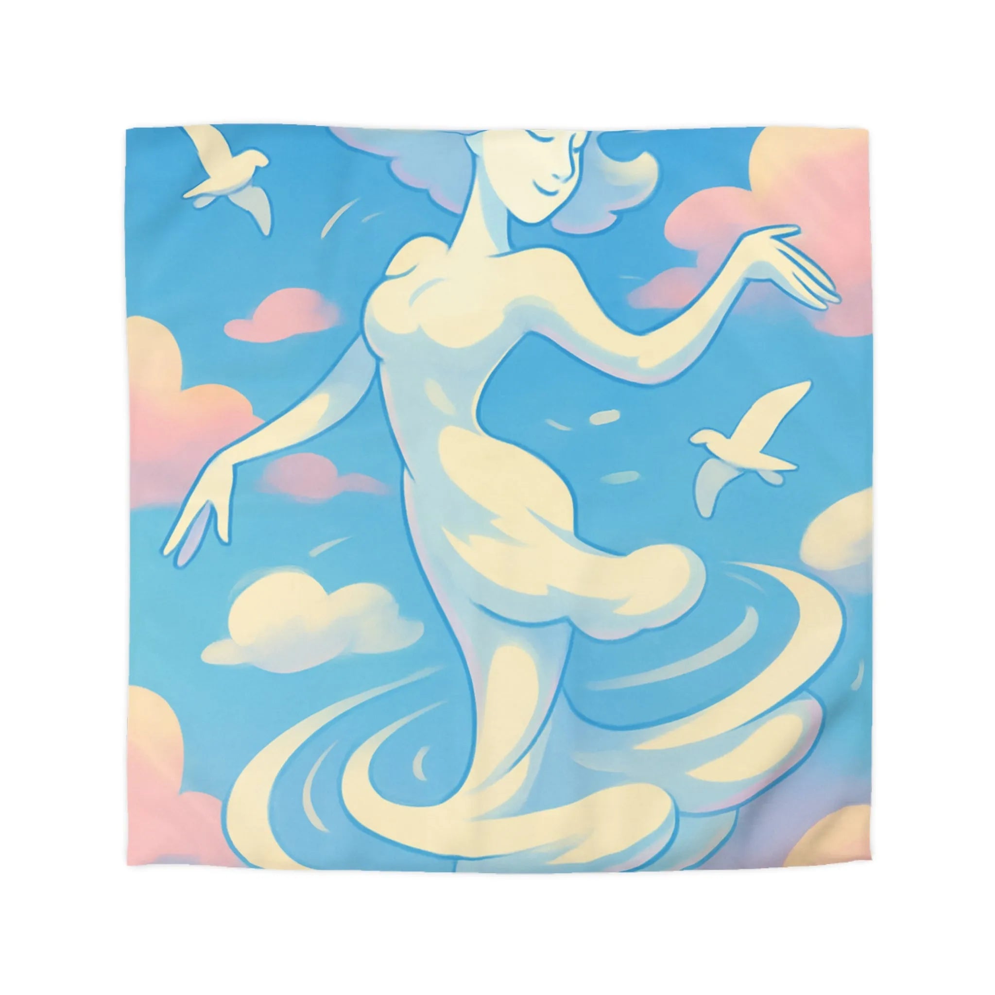 Ciel Enchanté: Housse de Couette Artistique avec Nuages et Oiseaux en Harmonie Paisible