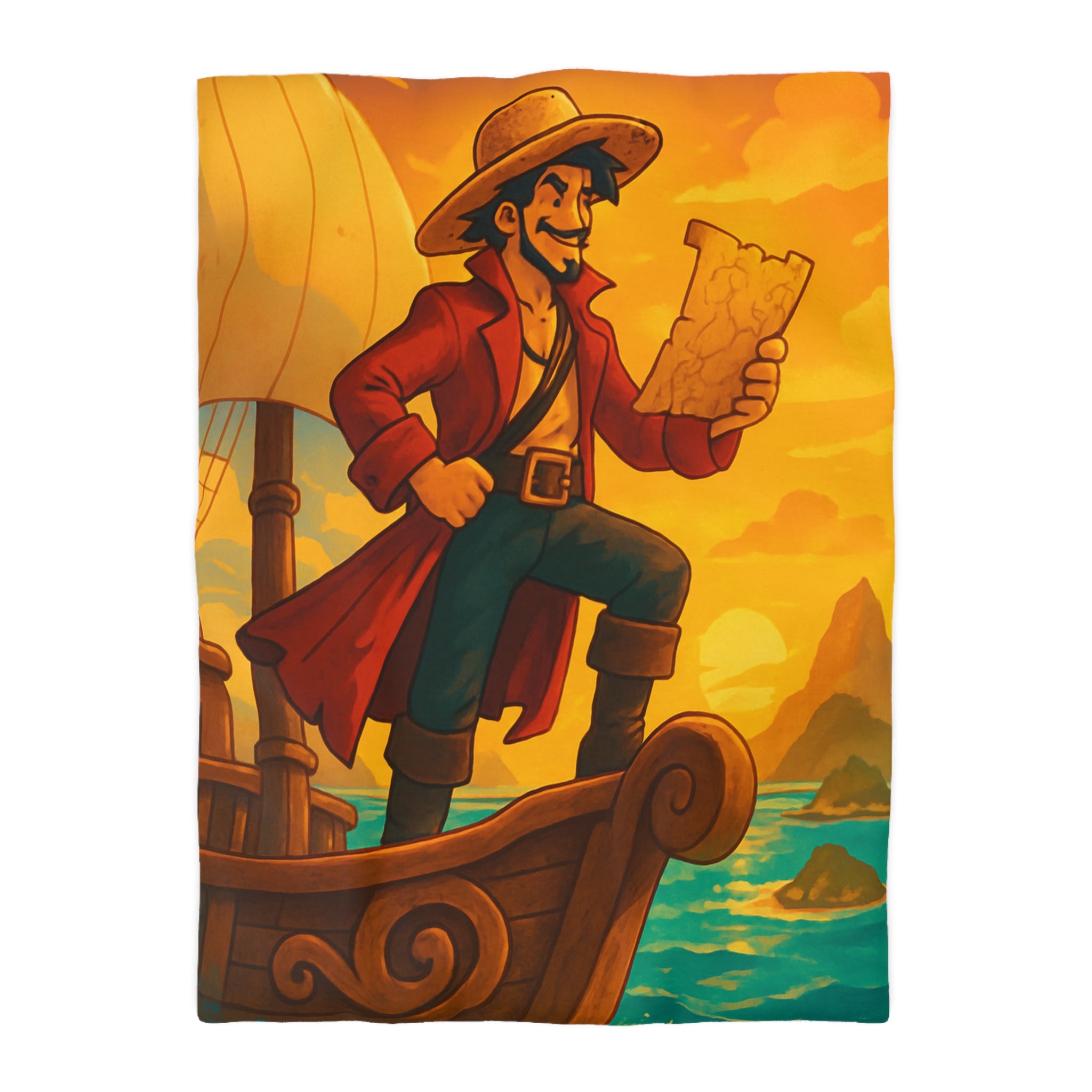 Housse de Couette Pirate Aventurier sur Bateau en Mer au Coucher du Soleil