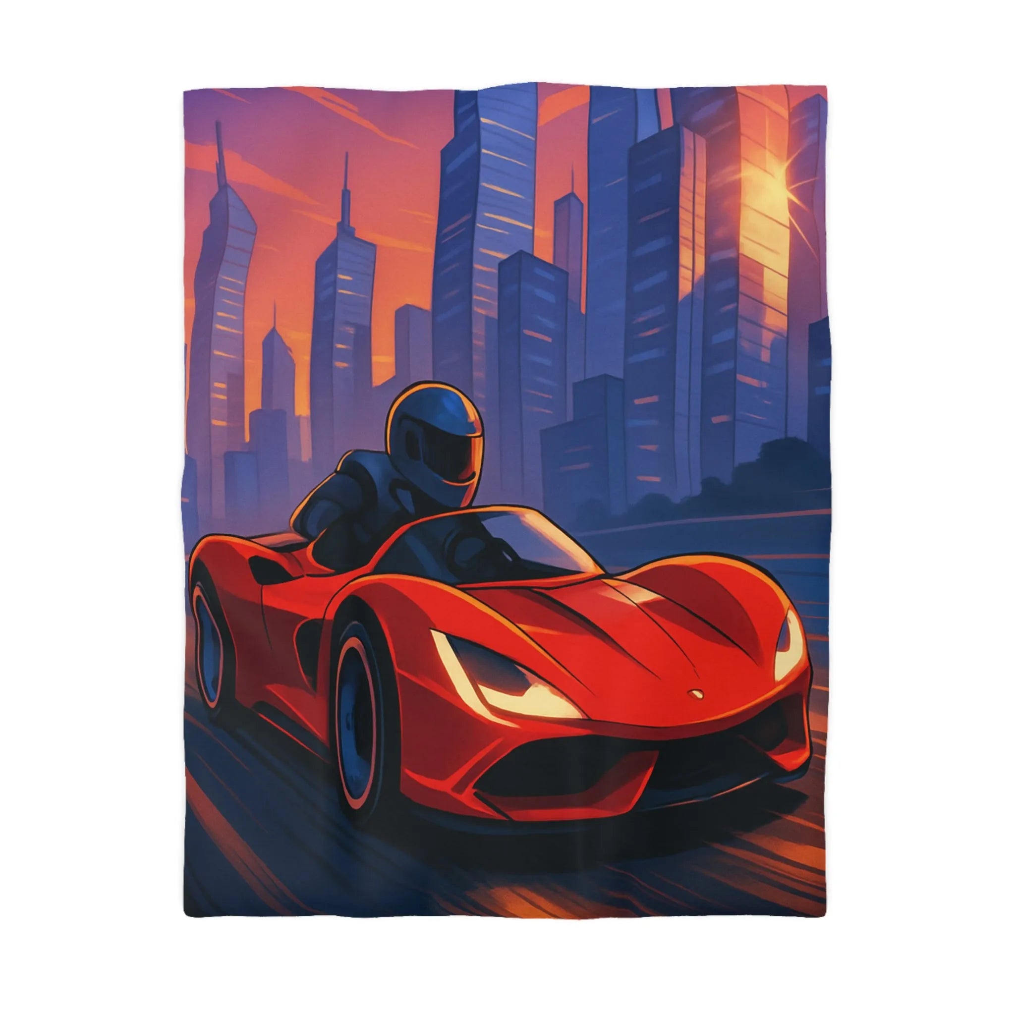 Housse de couette illustrée voiture de sport rouge dans paysage urbain futuriste au crépuscule