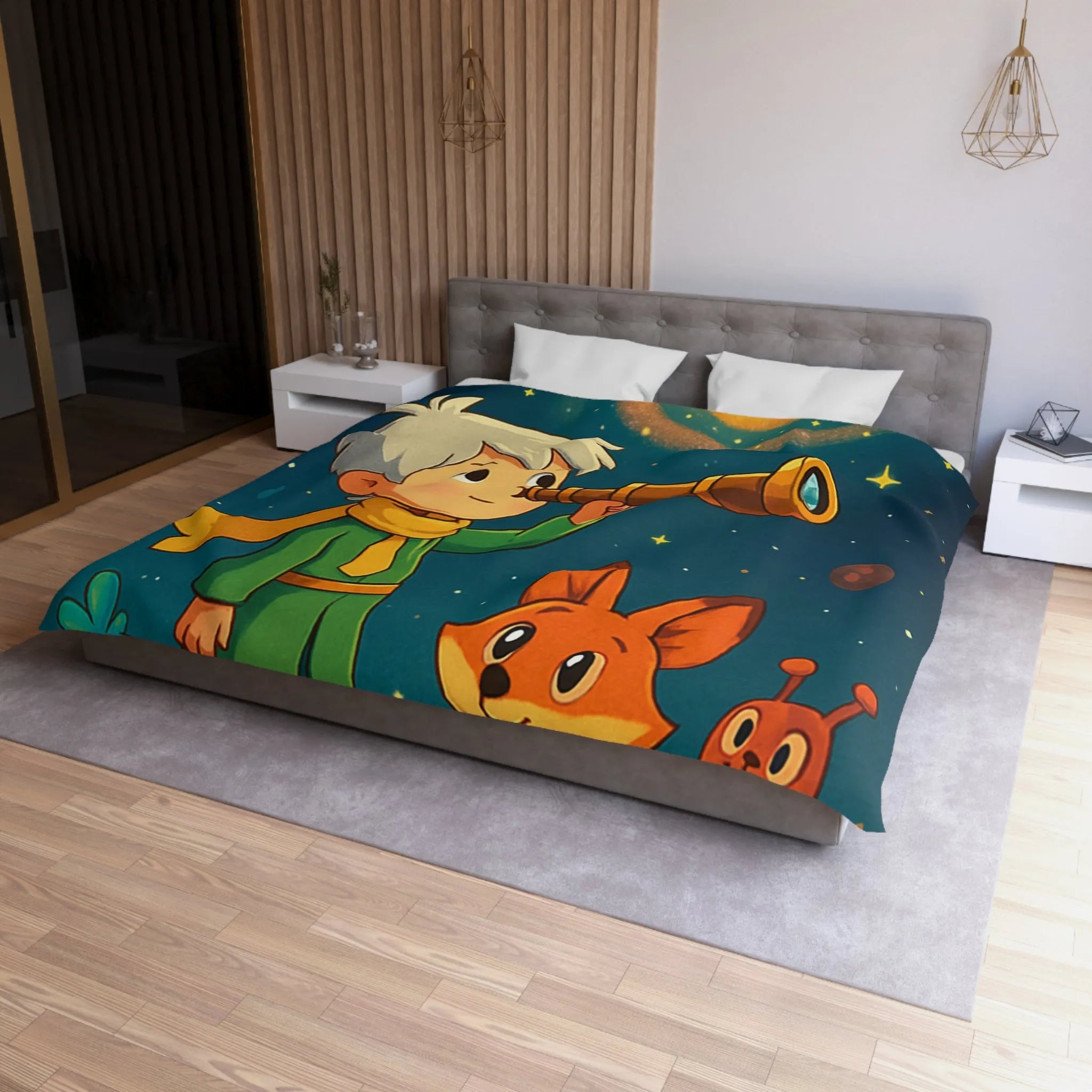 Housse de couette enfant rêveur observant les étoiles avec télescope et animaux adorables