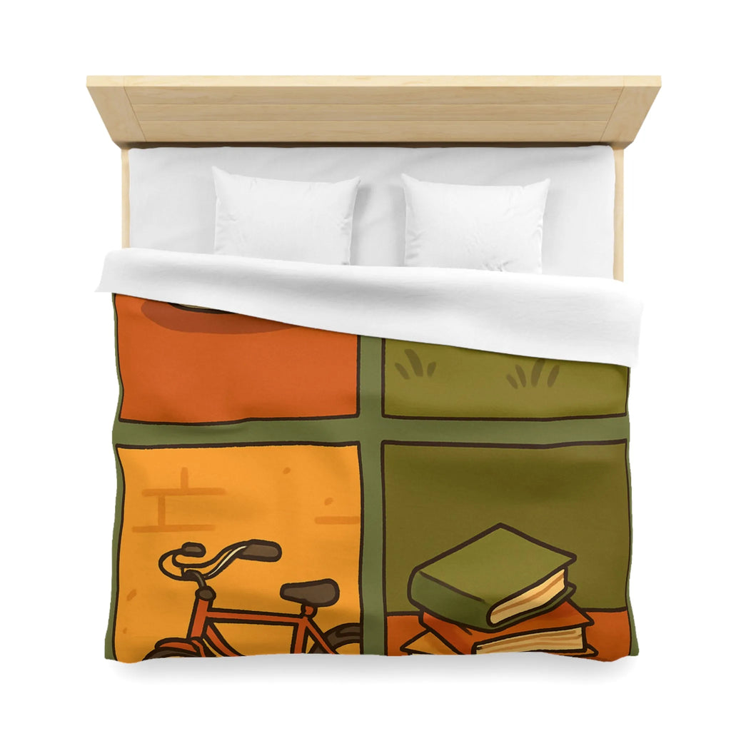 Housse de Couette Décontractée avec Chat Orange, Café, Vélo et Livres Colorés