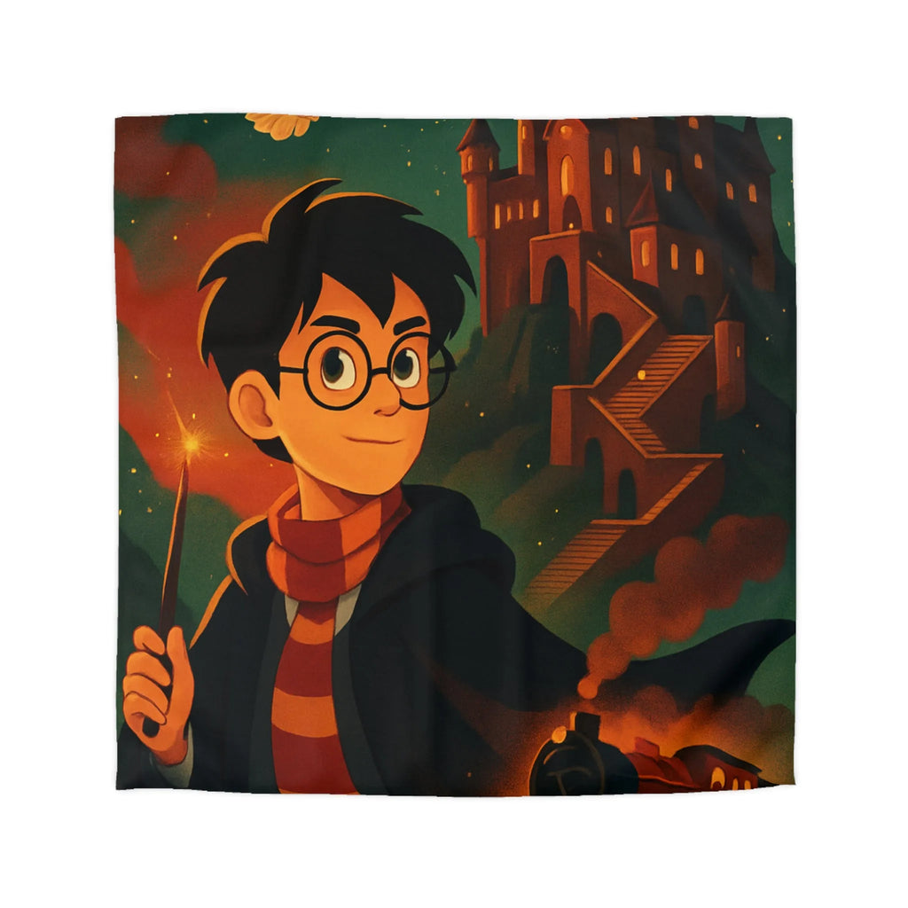 Housse de couette magique avec jeune sorcier, hibou, château et train en fond