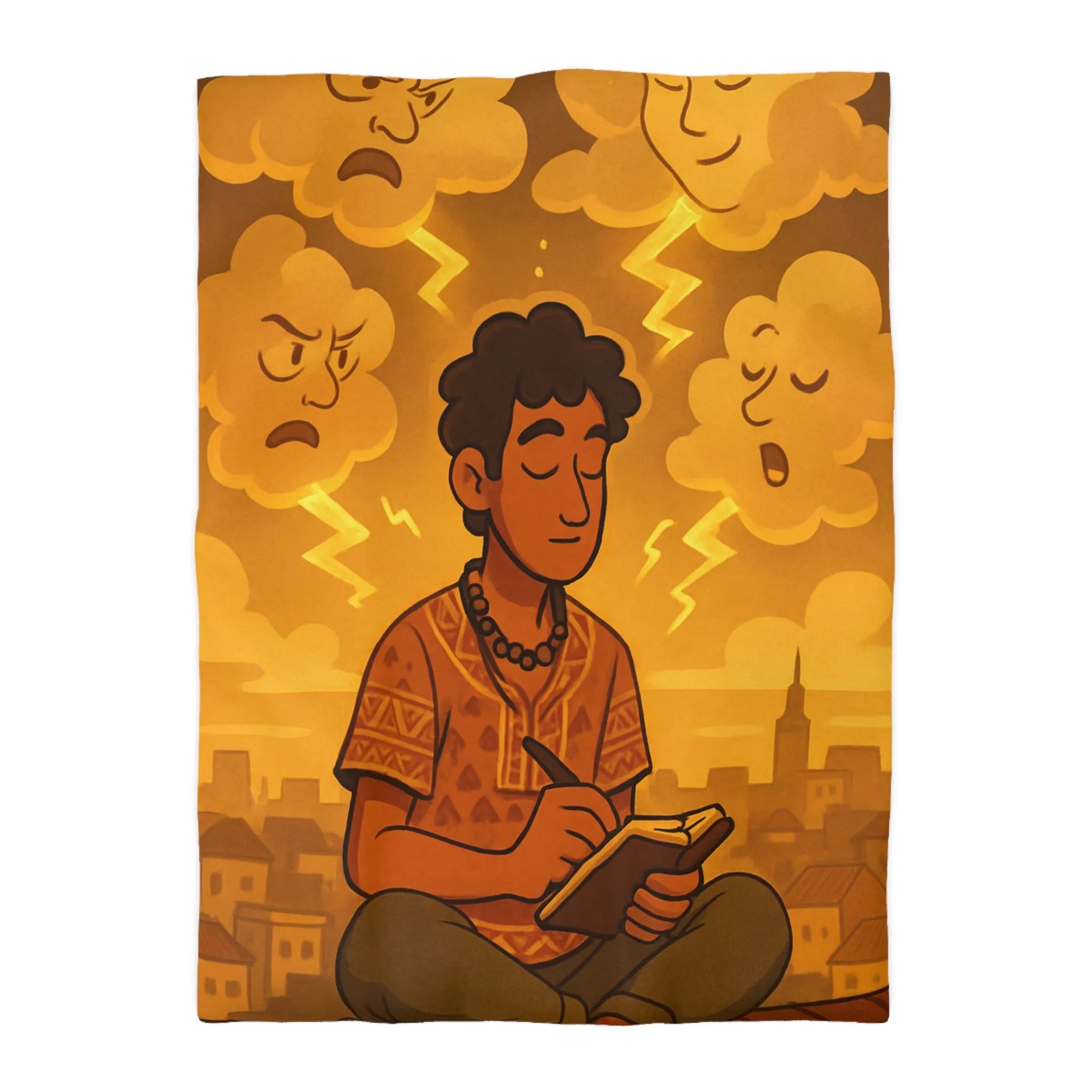 Housse de couette artistique avec motif méditatif, nuageux et expressions émotionnelles illustrées