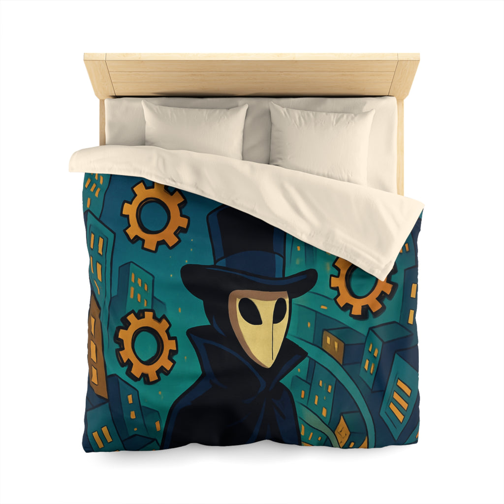 Housse de couette mystérieuse avec personnage masqué, engrenages dorés et ville nocturne