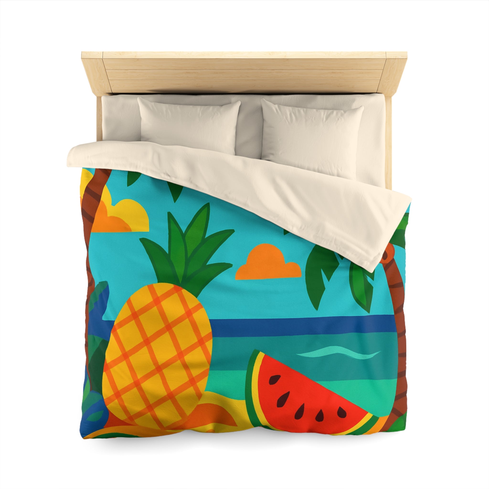 Housse de couette tropicale colorée avec fruits exotiques et oiseaux vibrants sur la plage