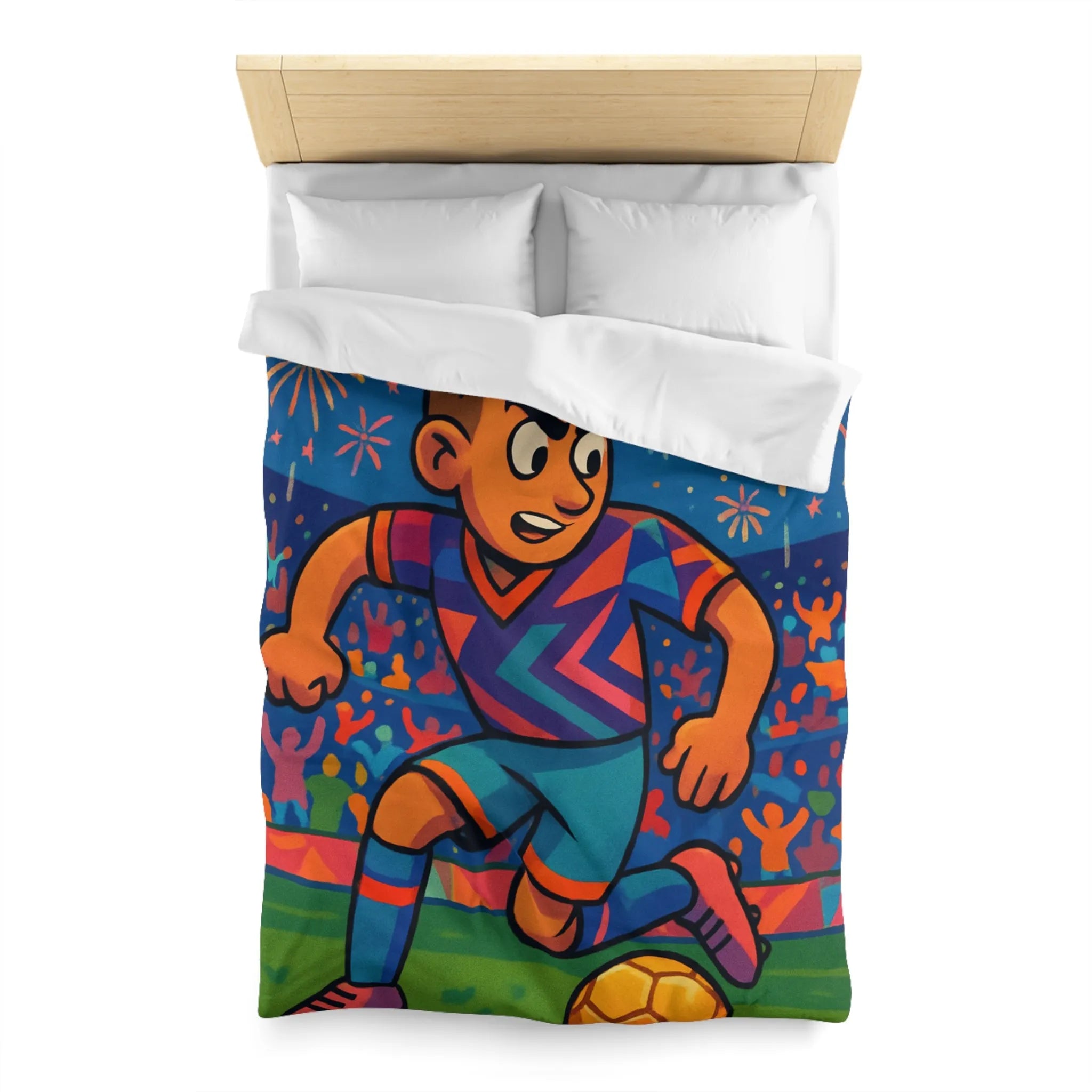 Housse de Couette Enfant Footballeur, Éclats de Couleurs, Feux d’Artifice, Terrain de Foot