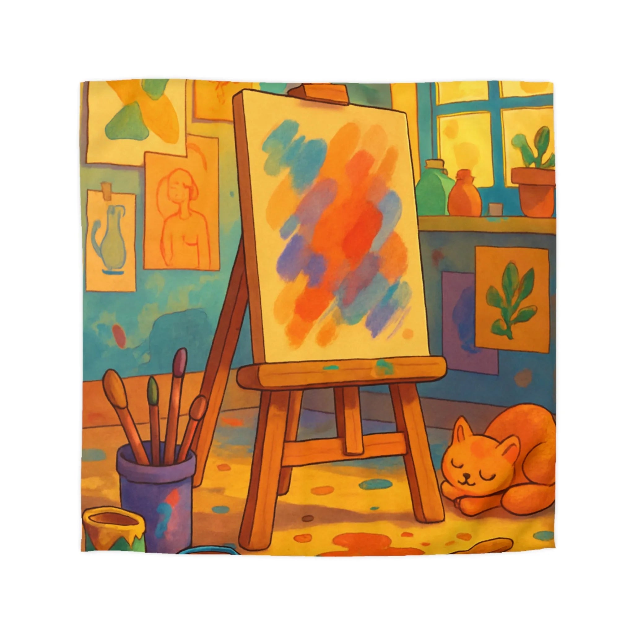 Housse de couette artistique colorée avec chevalet et chat pour une chambre cosy