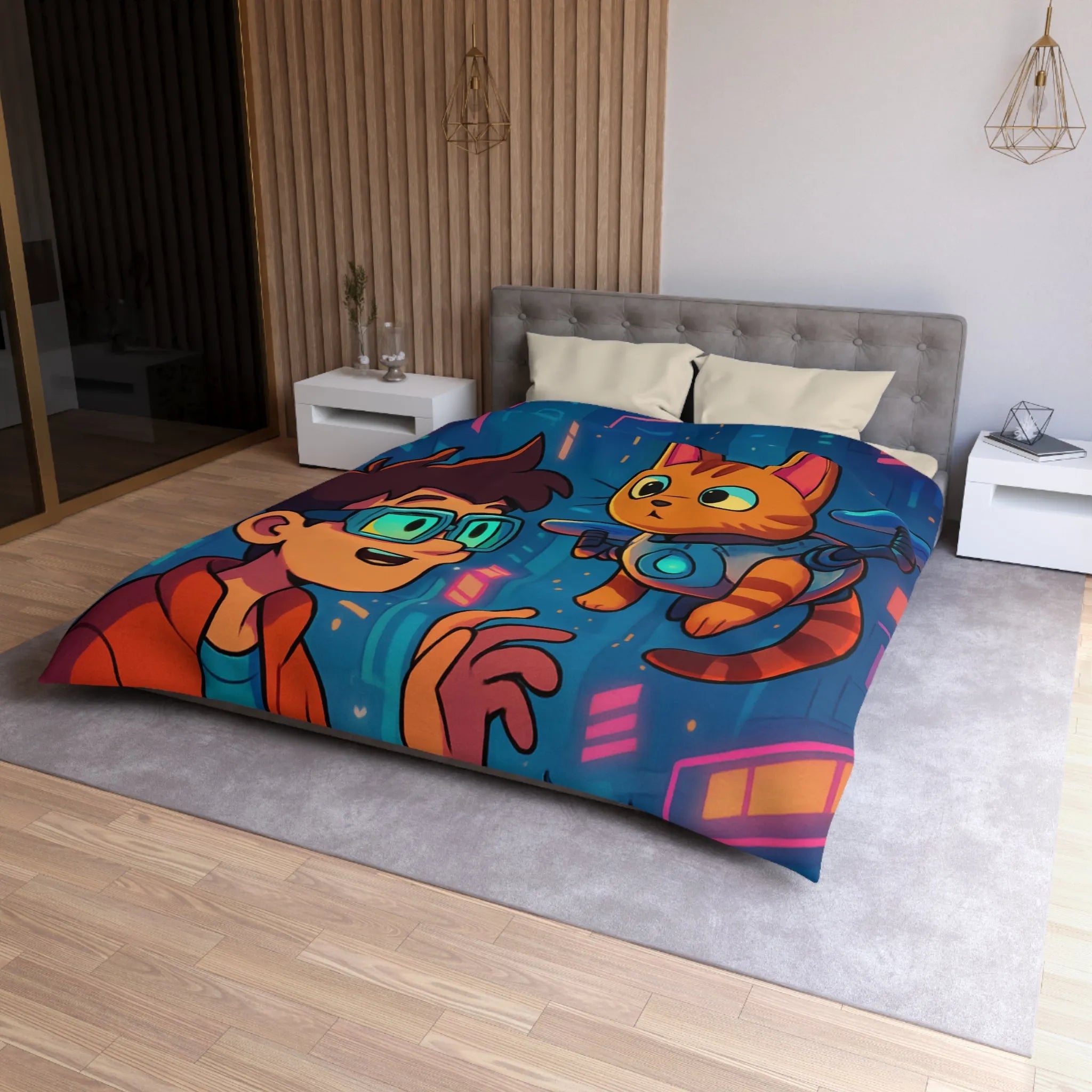 Housse de couette enfants style futuriste avec garçon et chat dans ville cyber