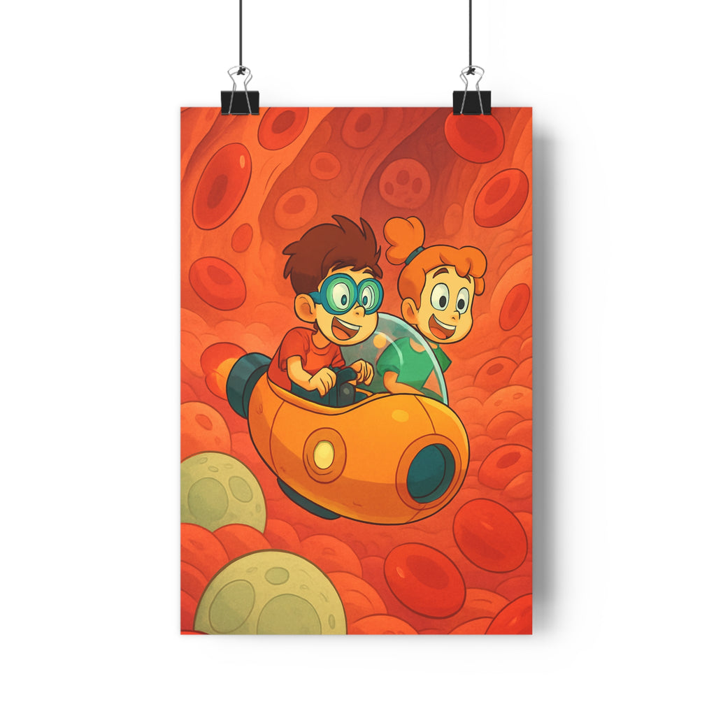 Poster décoratif éducatif enfants couleur ludique aventure microscopique chambre jeux cartoon rouge orange 30x46