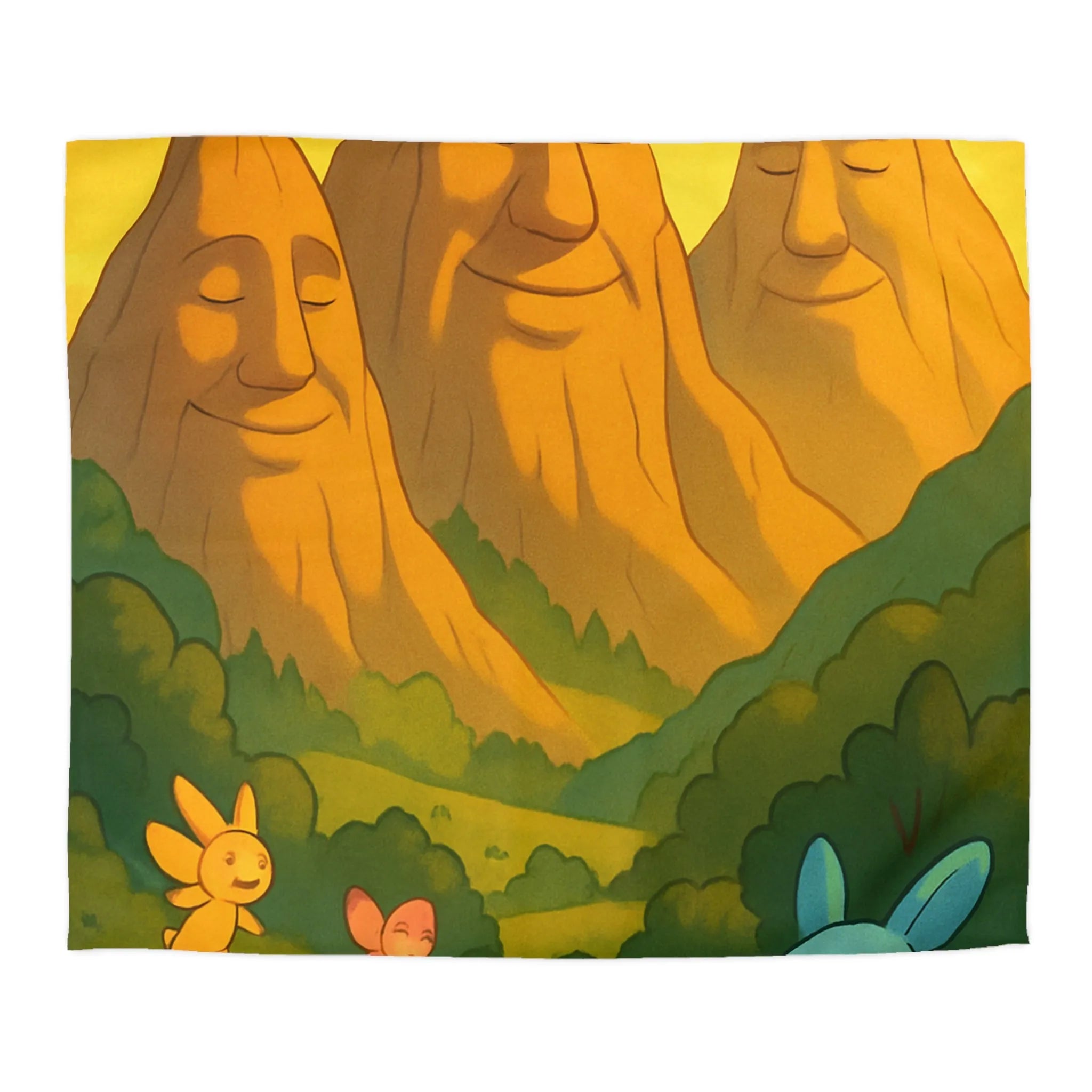 Housse de couette enfantine avec créatures en forêt sous montagnes souriantes au coucher de soleil