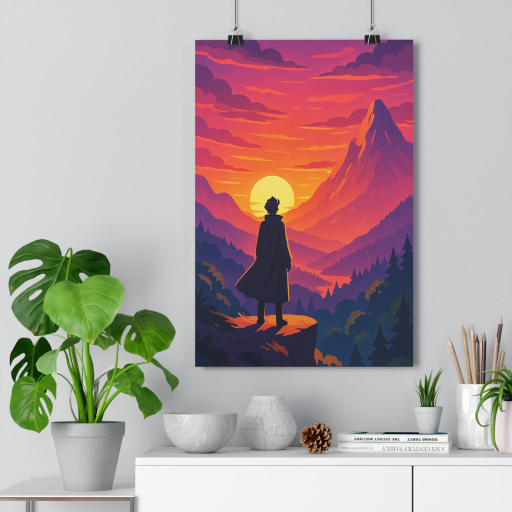Poster décoratif animé orange violet majestueux silhouette montagnes forêt salon chambre apaisant vibrant qualité