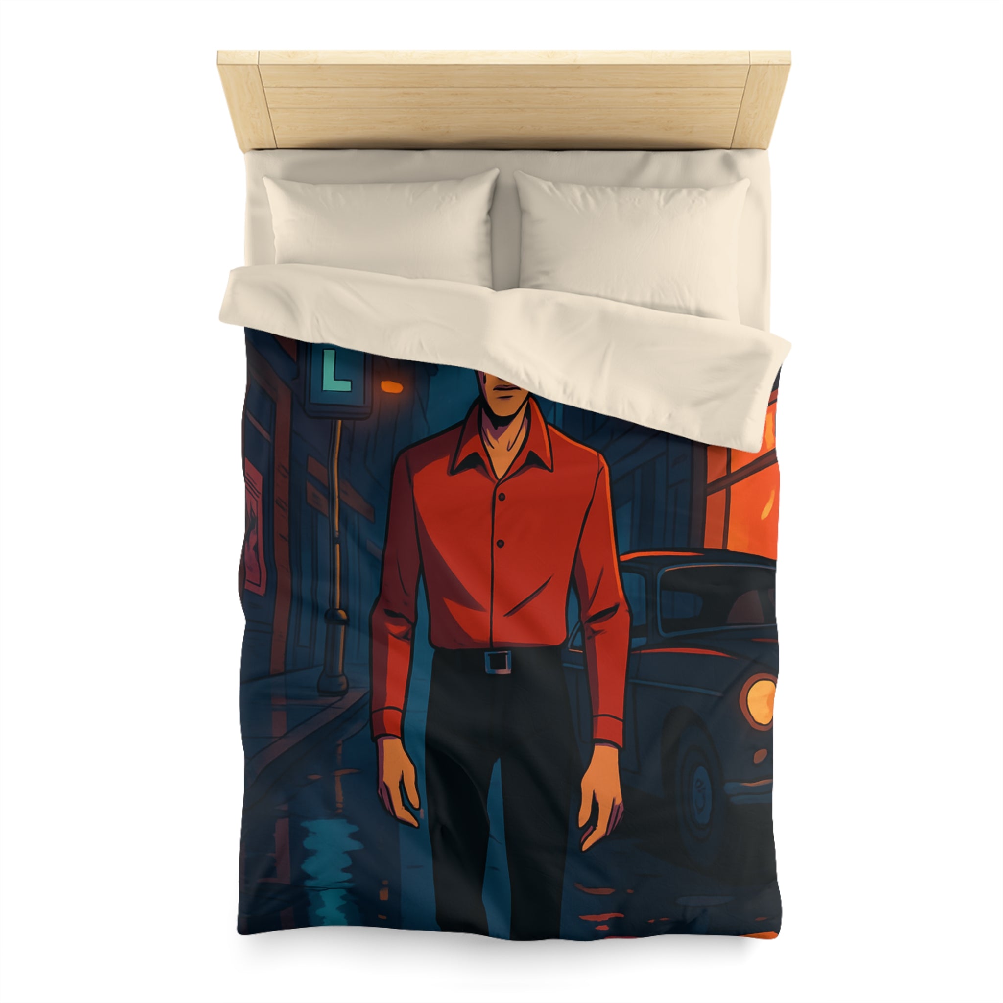 Housse de couette urbaine nocturne avec homme mystérieux et néons colorés