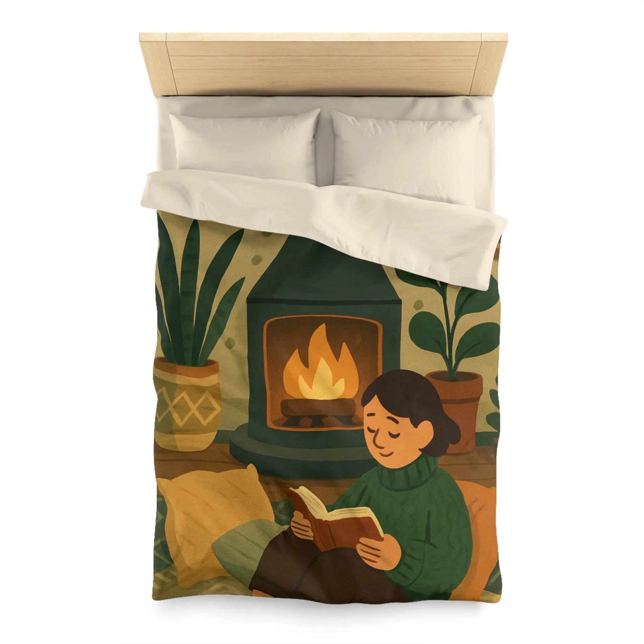 Housse de couette cosy avec cheminée et ambiance hygge, style scandinave relaxant