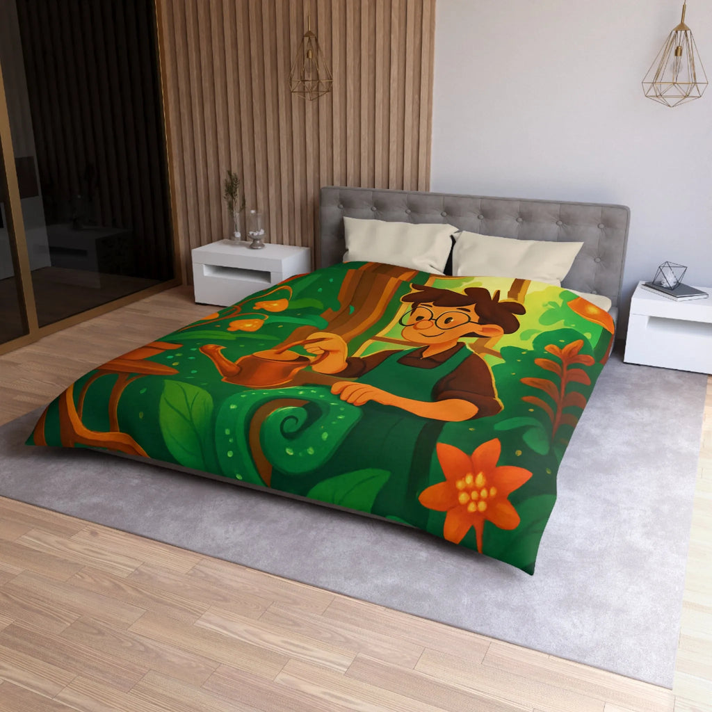 Housse de couette colorée avec illustration botanique d'intérieur et personnage jardinier animé