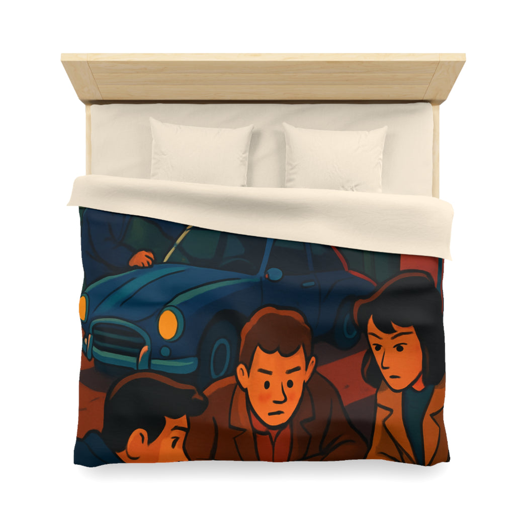 Housse de couette vintage ambiance atelier auto avec carte et personnages concentrés