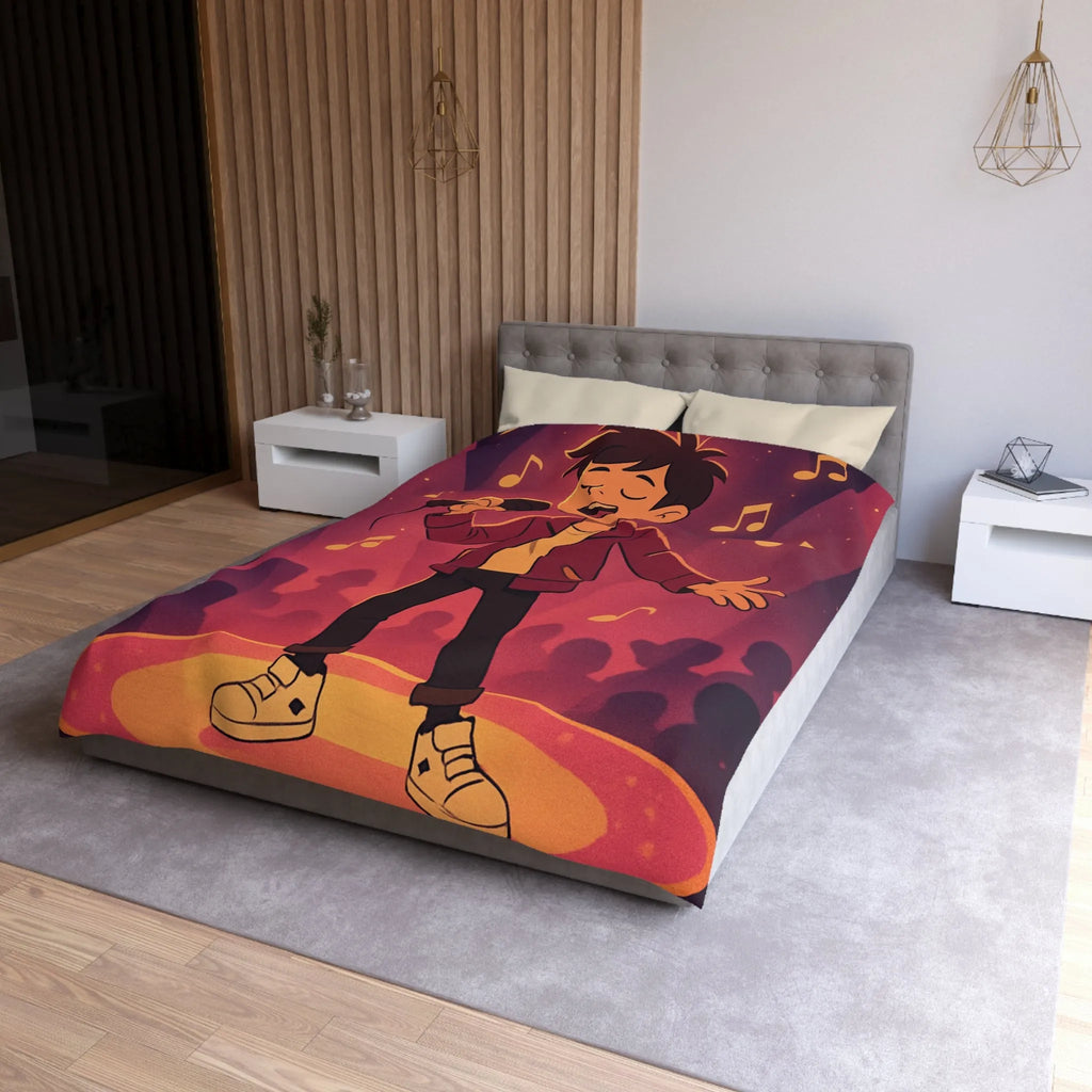 Housse de couette animée chanteur sur scène, ambiance vive et musicale au cœur vibrant