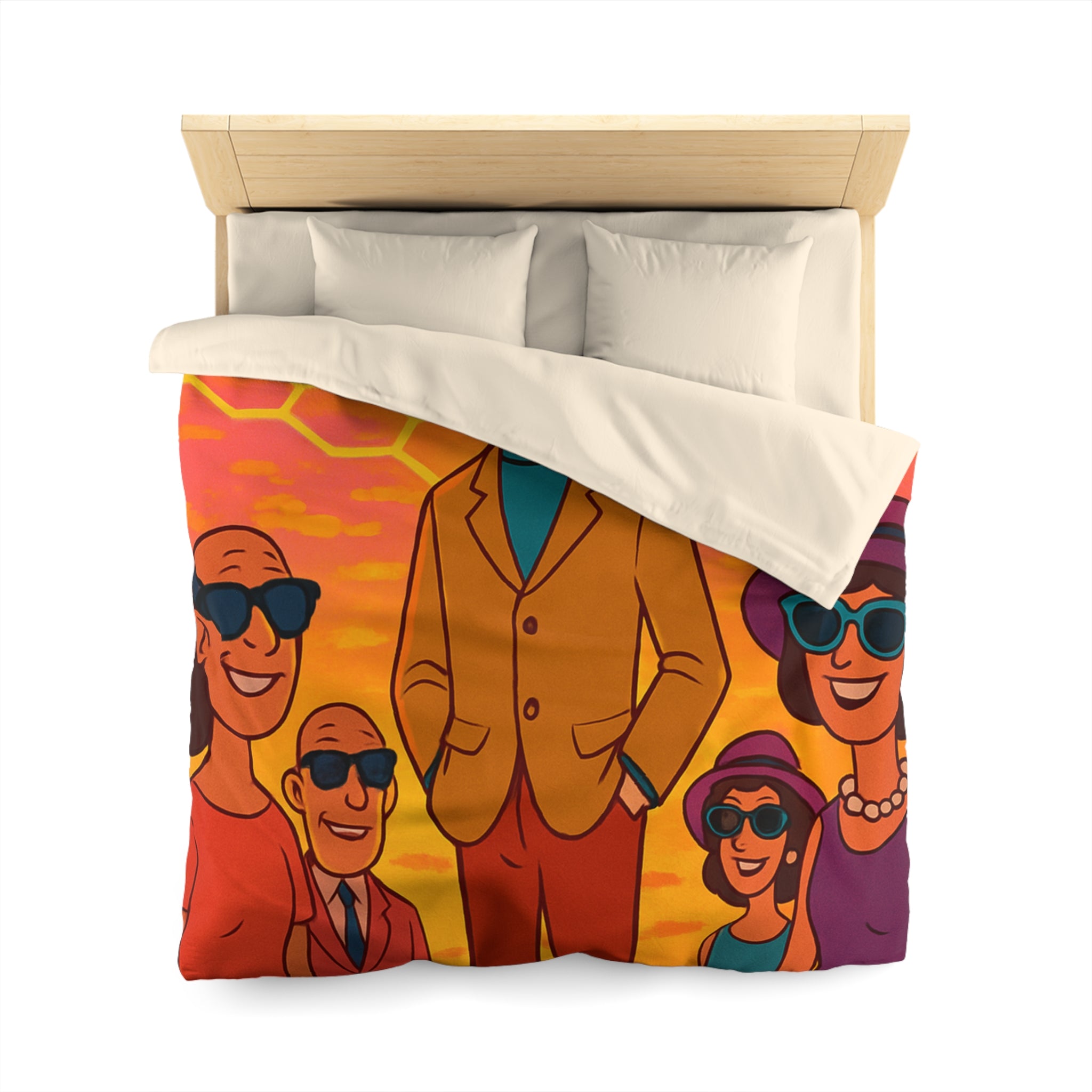 Motifs colorés hexagonaux vibrant avec personnages stylisés dans un paysage ensoleillé unique