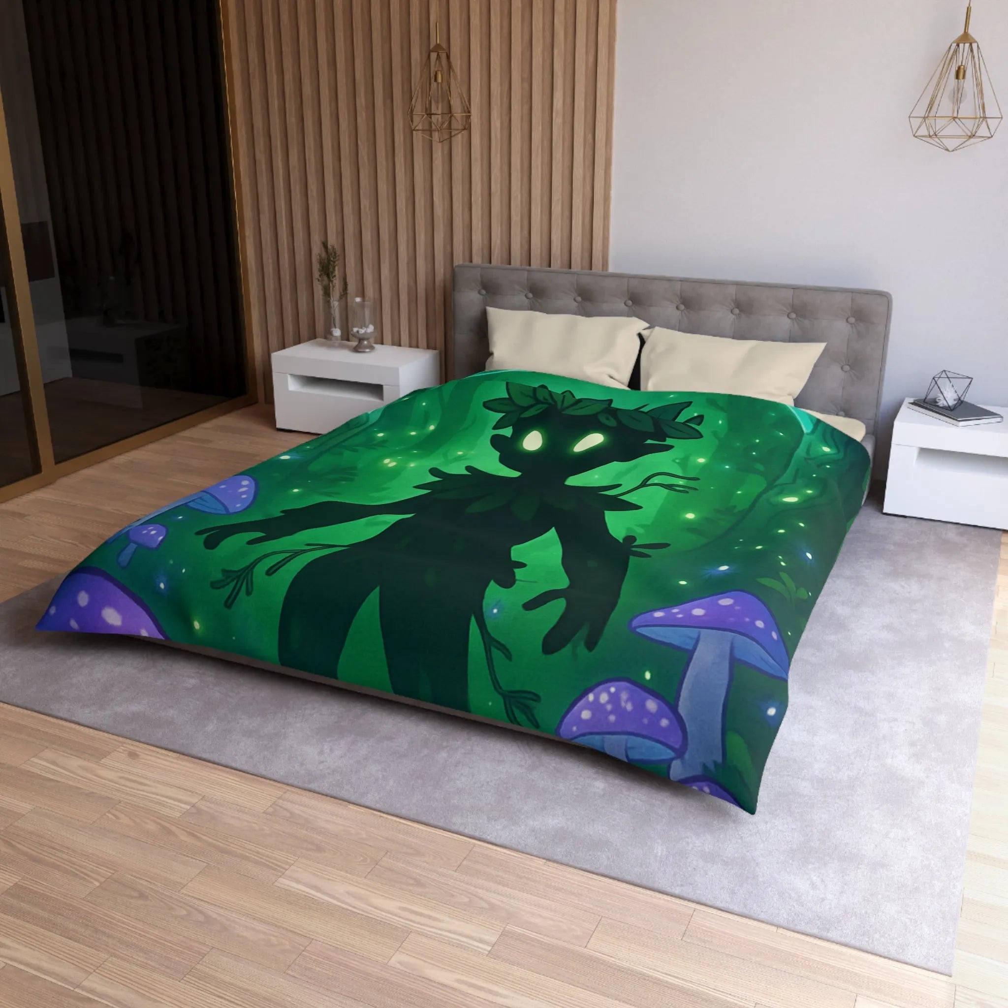 Housse de couette féerique avec créature forestière et champignons lumineux dans la nuit