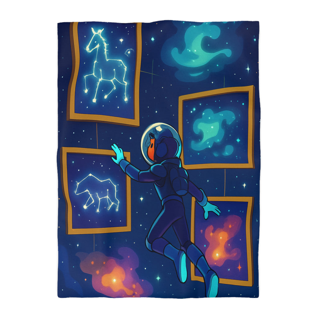 Housse de couette spatiale avec constellations lumineuses et astronaute explorant des galaxies mystérieuses