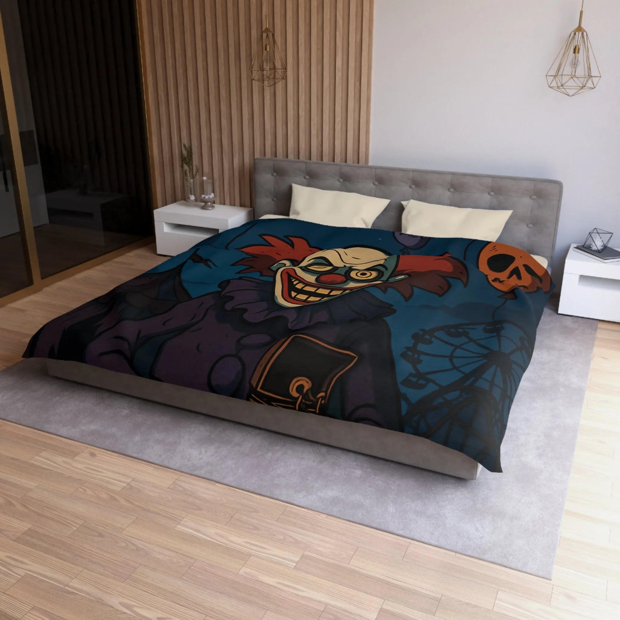 Housse de couette effrayante de clown sinistre avec ballons et fête foraine sombre