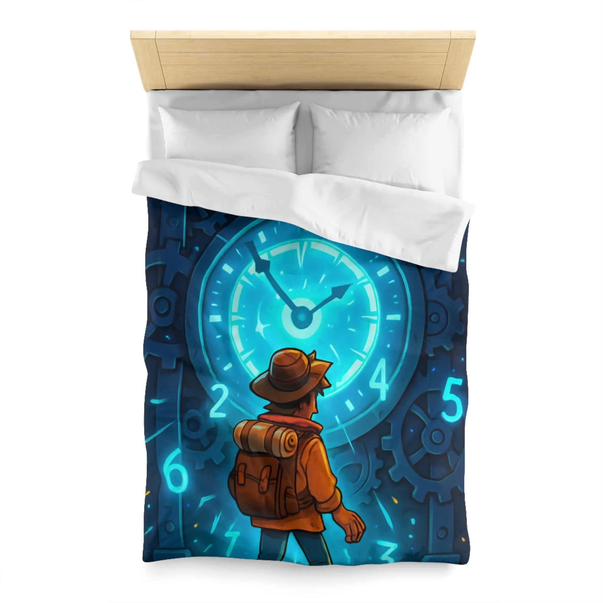 Housse de Couette Aventure Énigmatique Horloger Voyageur avec Éclairage Bleu Futuriste
