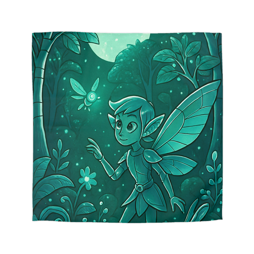 Housse de couette verte magique avec fée, papillon et forêt enchantée, ambiance nocturne