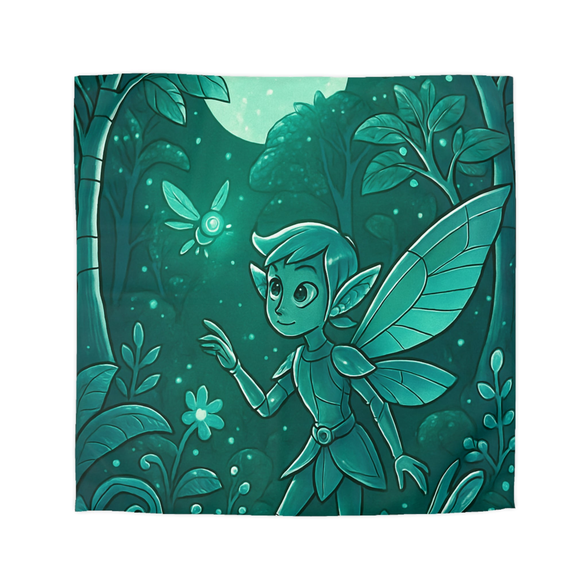 Housse de couette verte magique avec fée, papillon et forêt enchantée, ambiance nocturne