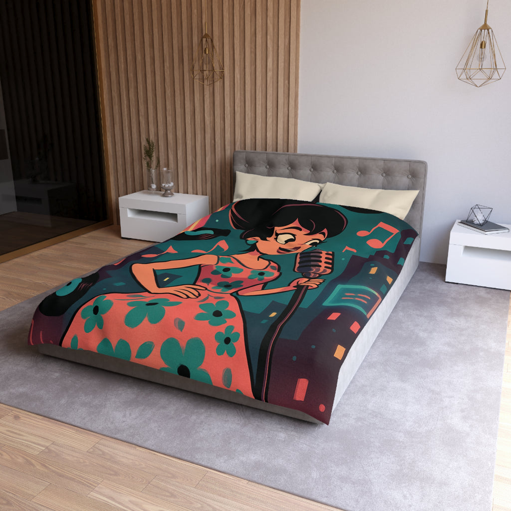 Housse de Couette Vintage Femme en Robe à Fleurs Chante Microphone Musique.