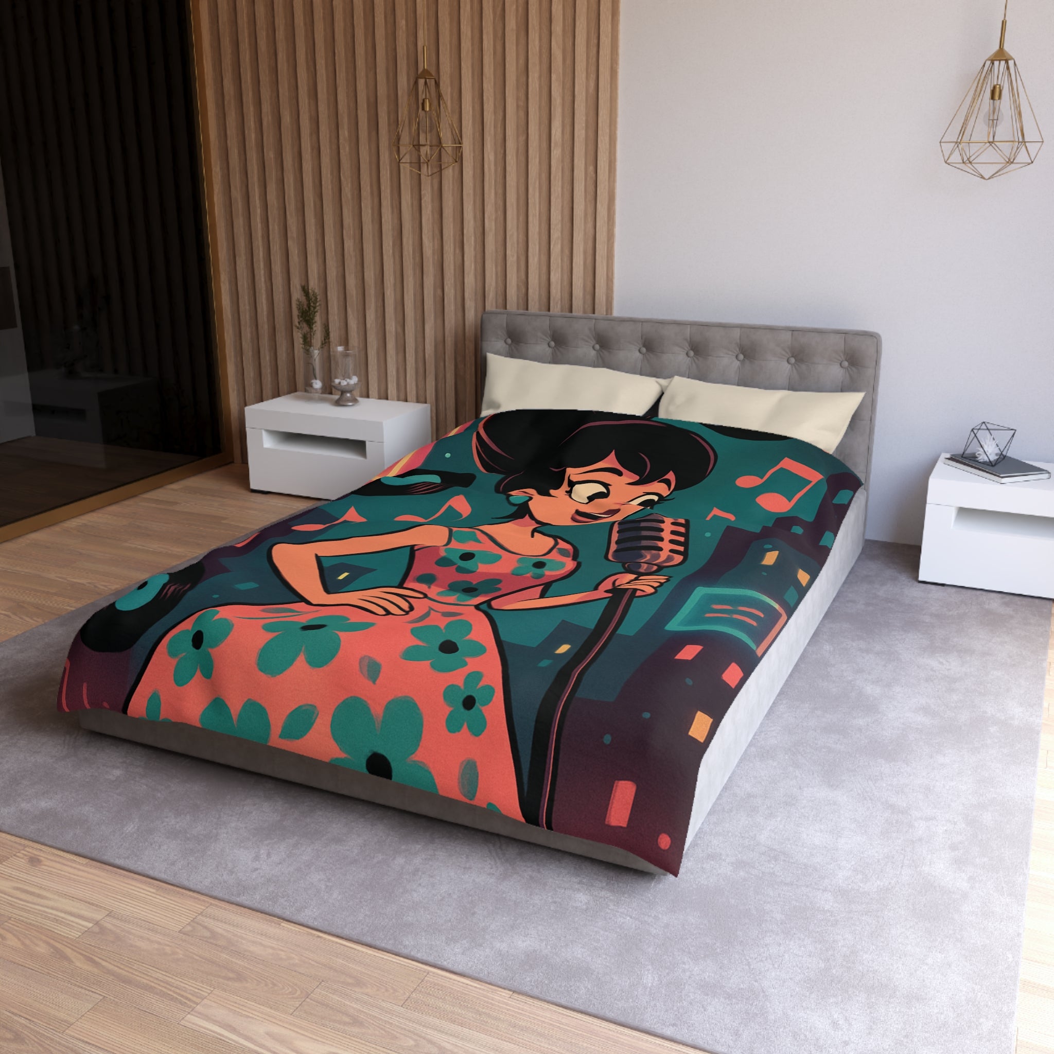 Housse de Couette Vintage Femme en Robe à Fleurs Chante Microphone Musique.