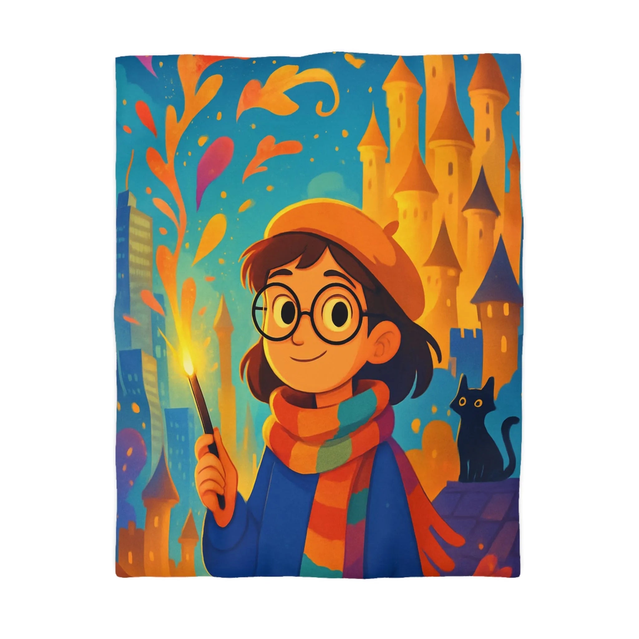 Housse de Couette Éclatante: Jeune Magicienne aux Couleurs Vives et Château Mystérieux