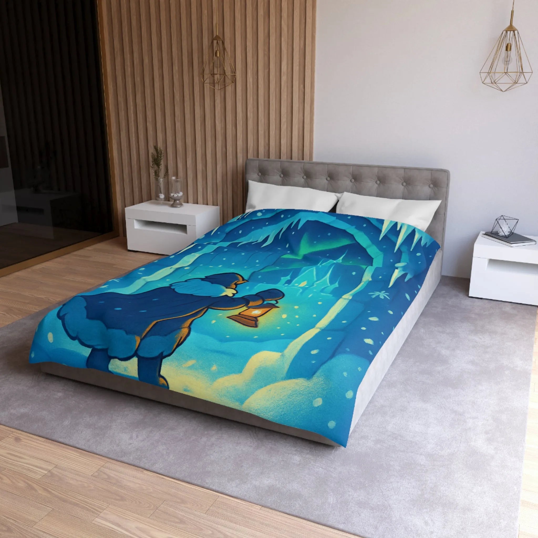 Housse de couette hivernale avec scène lumineuse de paysage enneigé et féérique