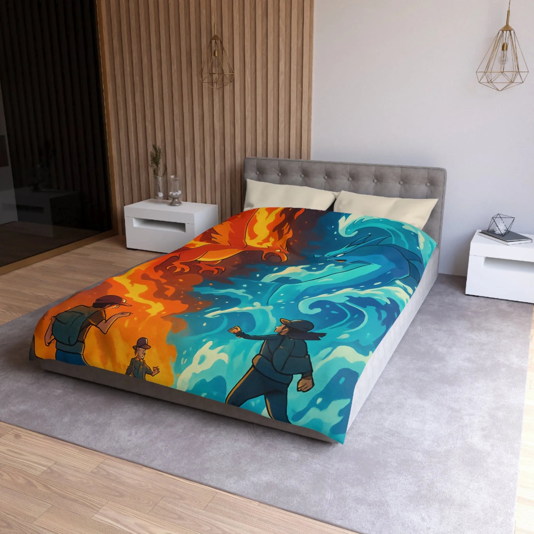 Housse de couette aventure épique avec créatures de feu et glace légendaires en duel