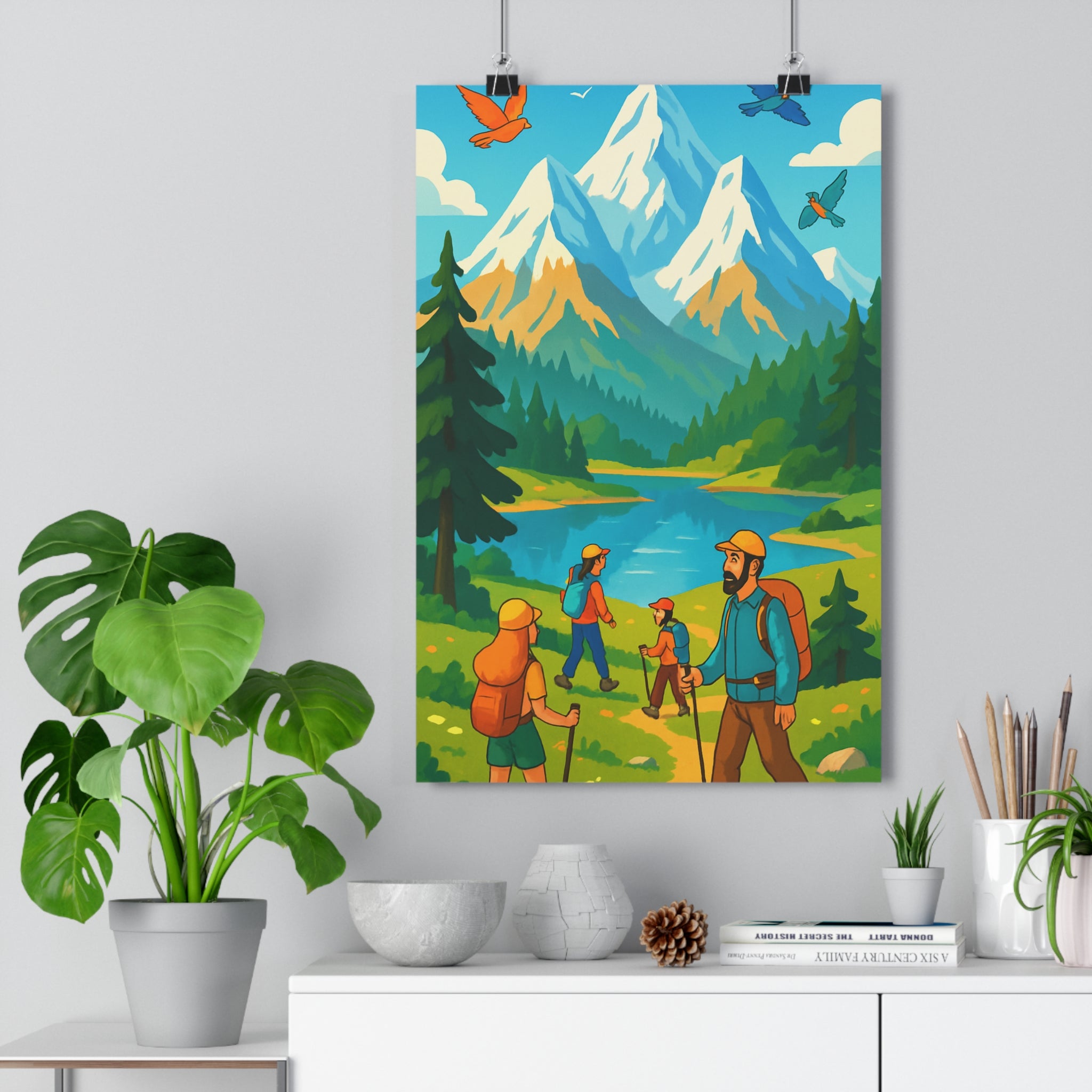 Poster décoratif montagne aventure nature vert bleu cartoon vibrant salon chambre art mural qualité