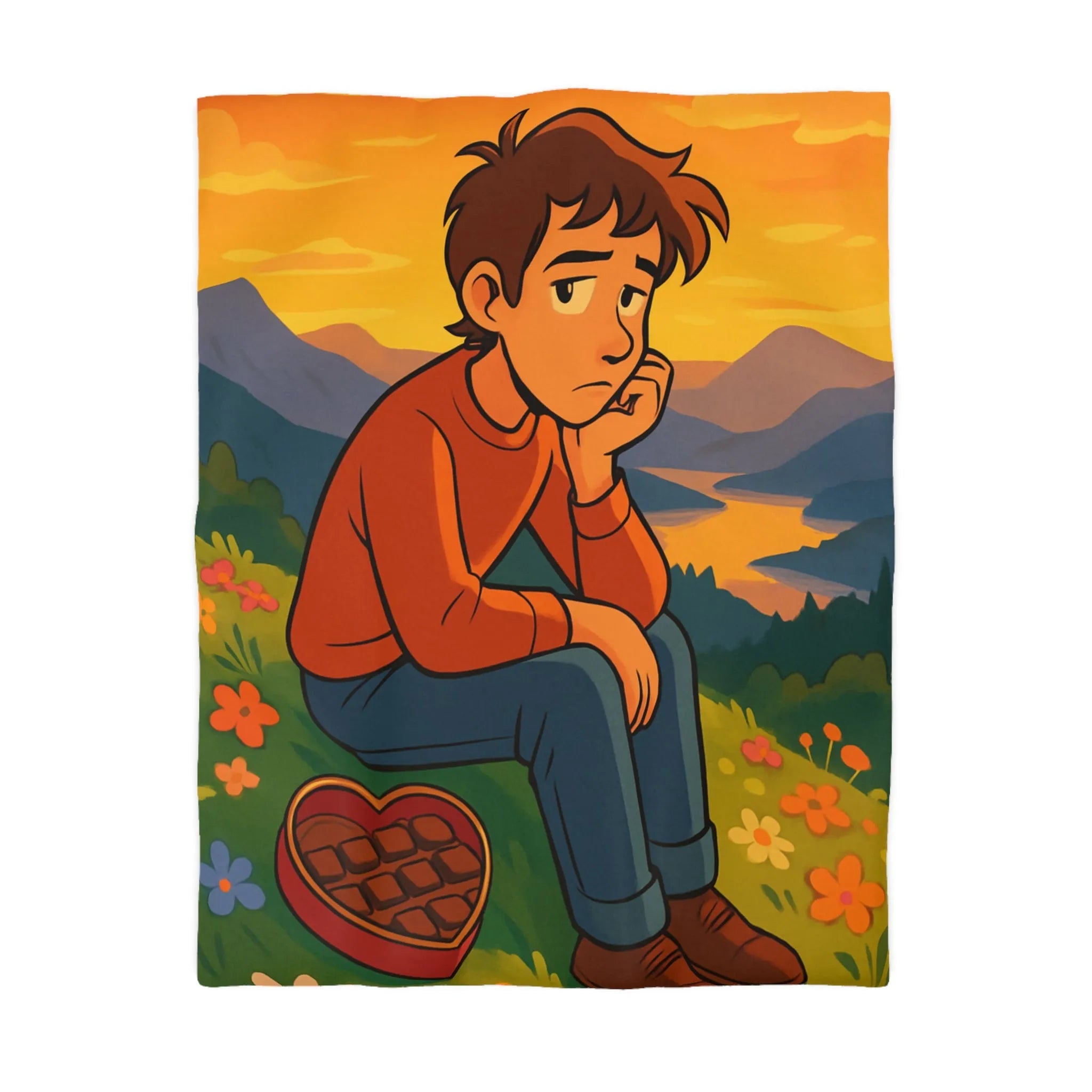 Housse de Couette Illustrée: Paysage Coloré avec Personnage Réfléchi et Coeur en Chocolat