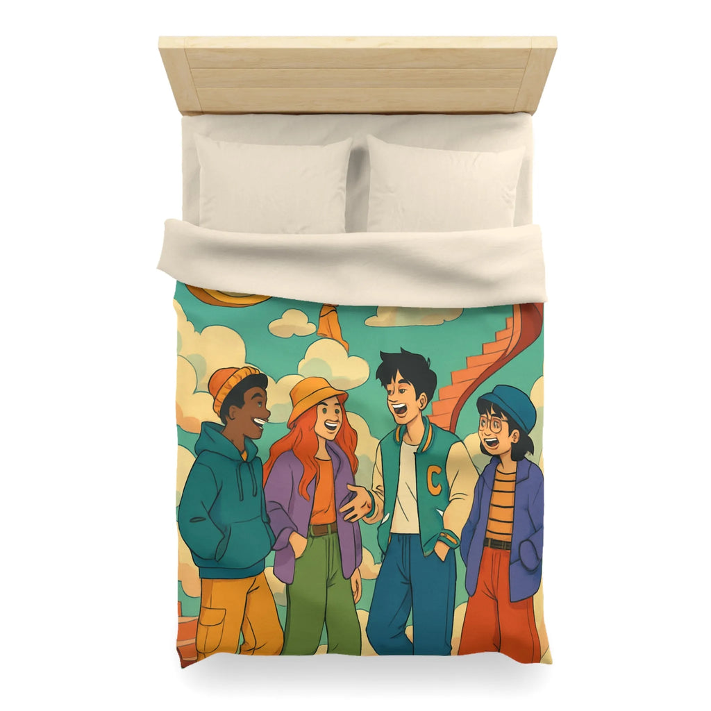 Housse de couette jeune amis rient sous escalier nuages horloge ciel bleu