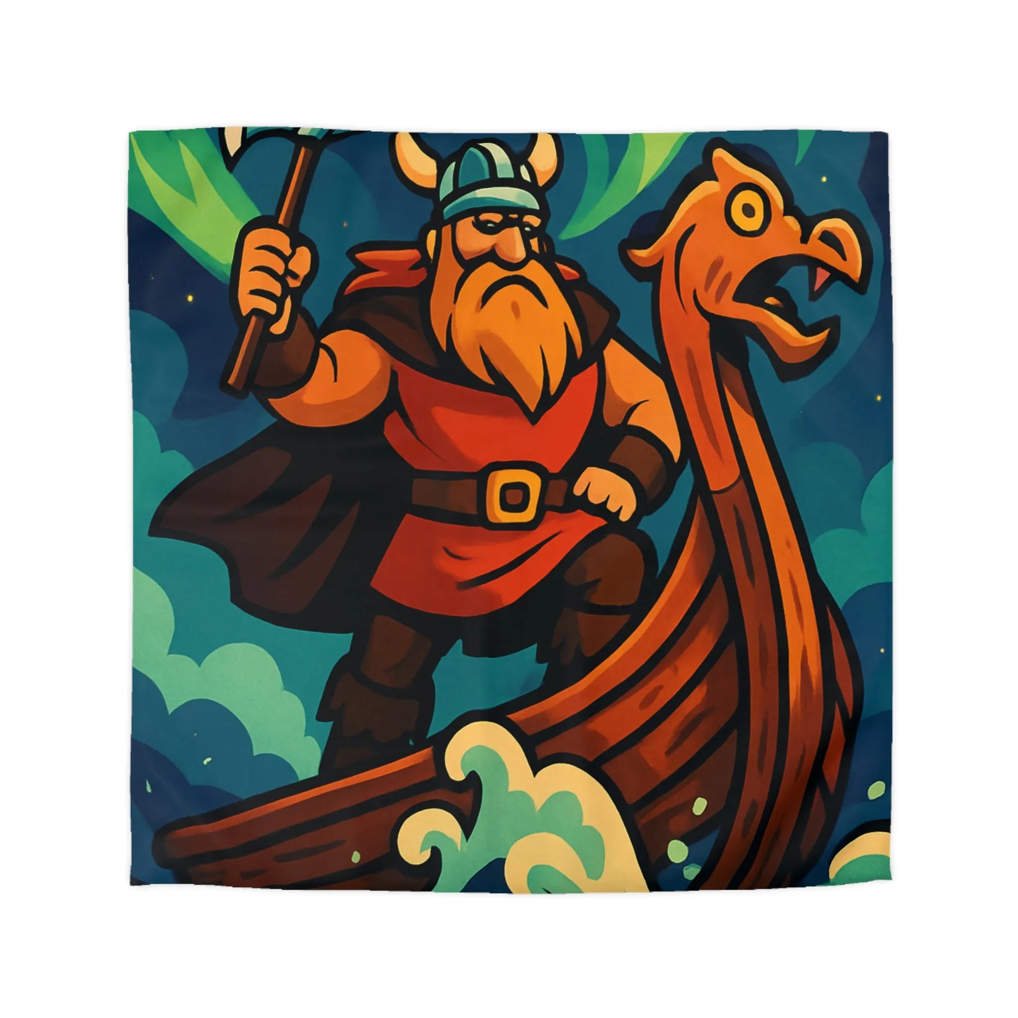 Housse de couette illustrée avec guerrier viking sur drakkar et aurores boréales