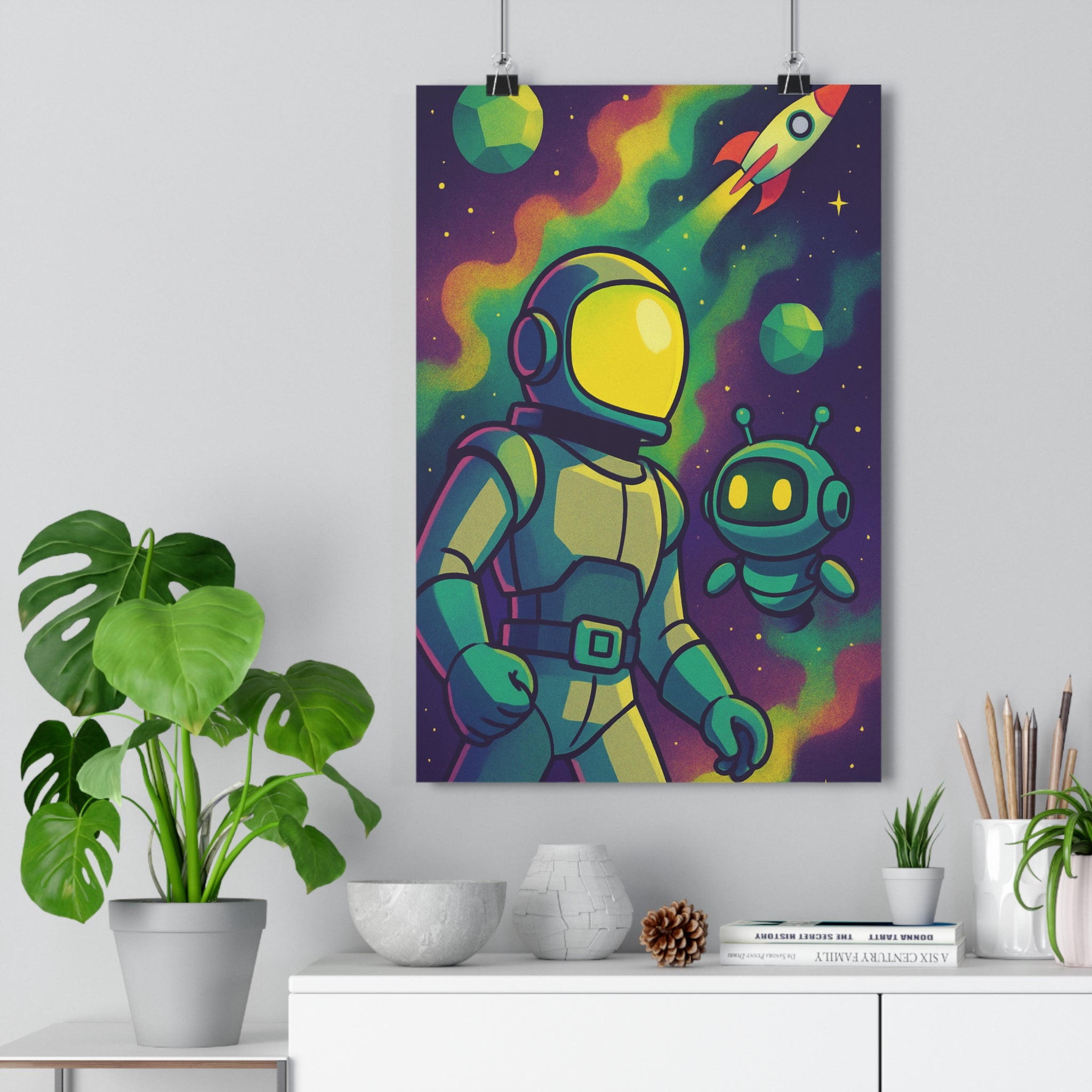 Poster décoratif explorateur espace vert violet sciencefiction aventure enfant salon chambre futuriste moderne 30x46