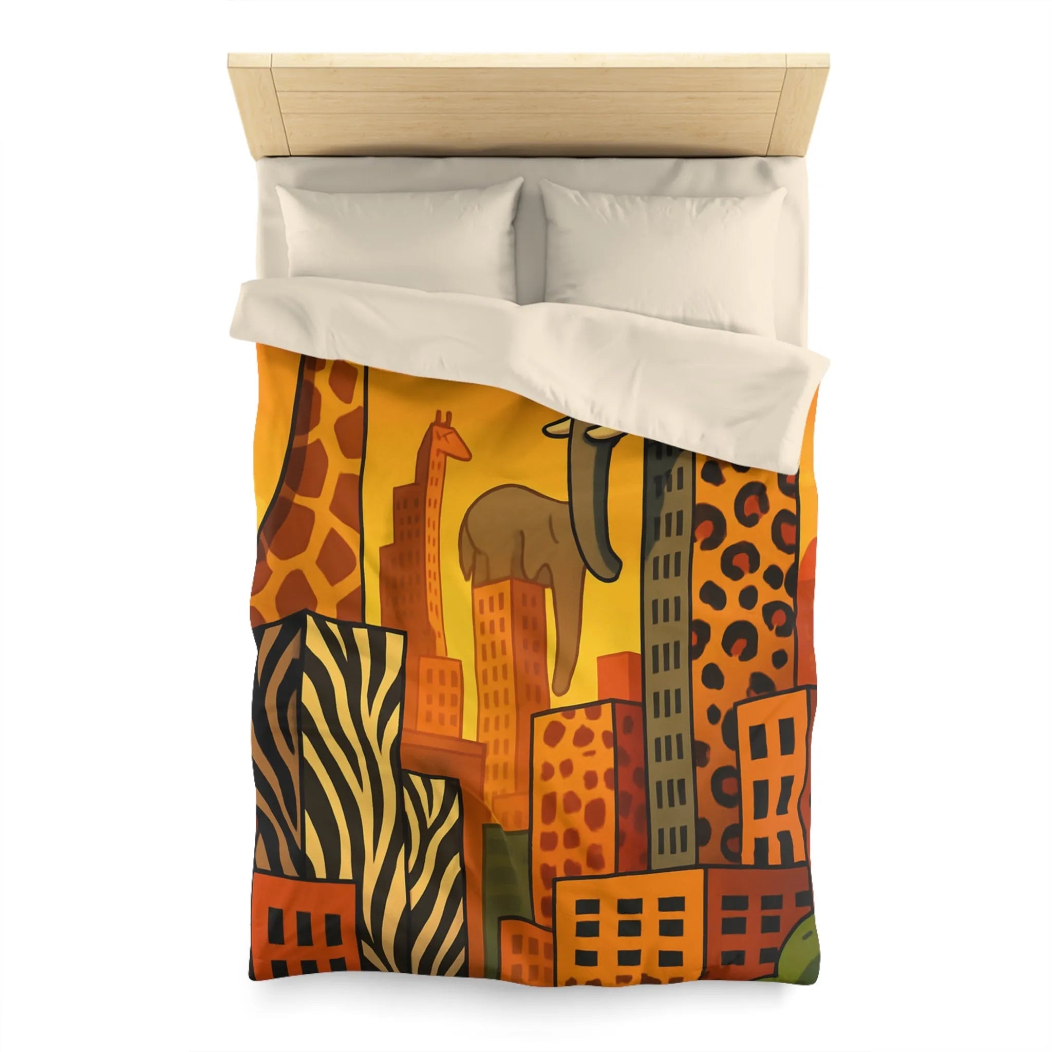 Housse de couette jungle urbaine : gratte-ciel animaux dans tons chauds, motif sauvage