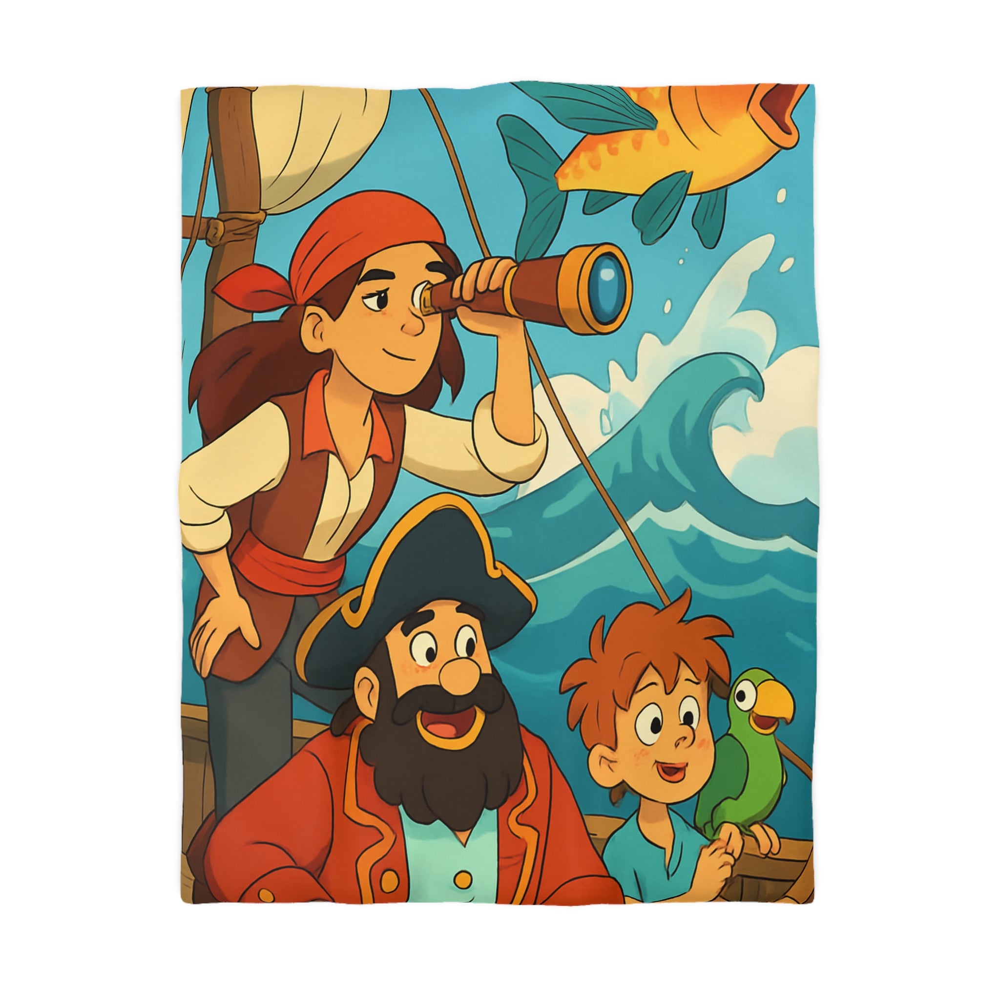 Housse de couette pirate avec poisson doré et personnages aventuriers sur l'océan