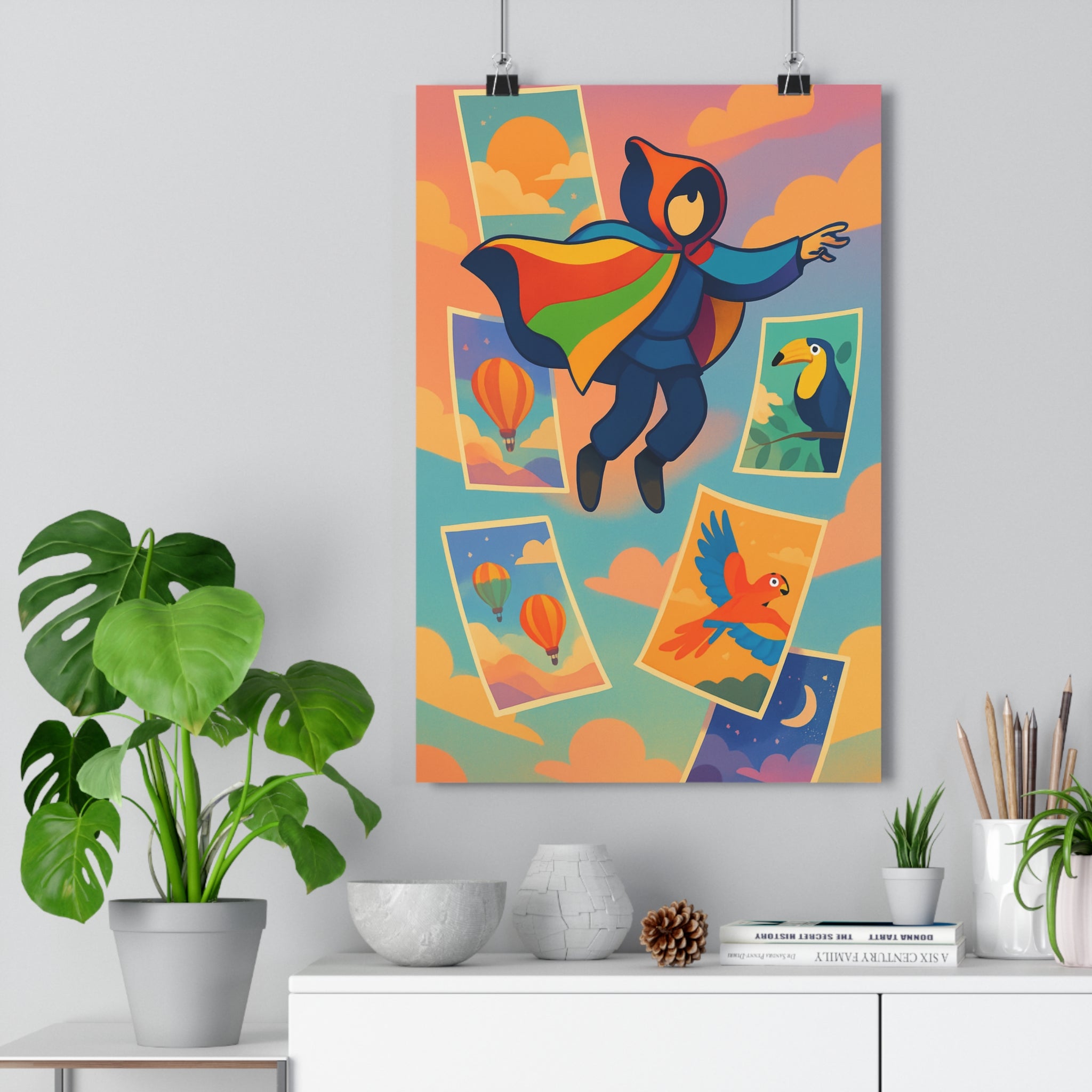 Poster décoratif aérien pastel rose orange bleu salon chambre fantaisie léger montgolfière toucan perroquet
