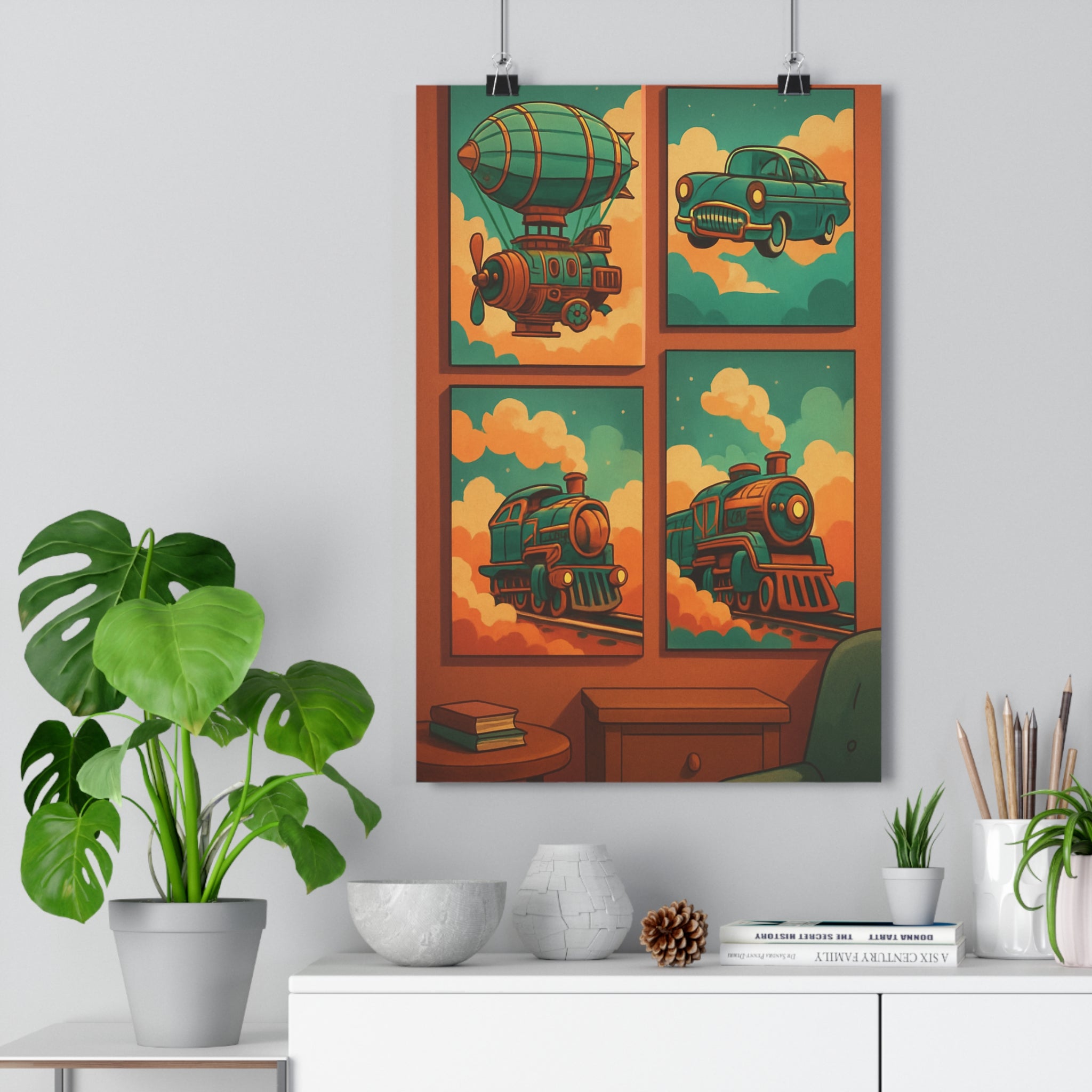 Poster décoratif steampunk turquoise orange rétrofuturiste nostalgique aventure salon bureau original 30x46cm dirigeable vintage