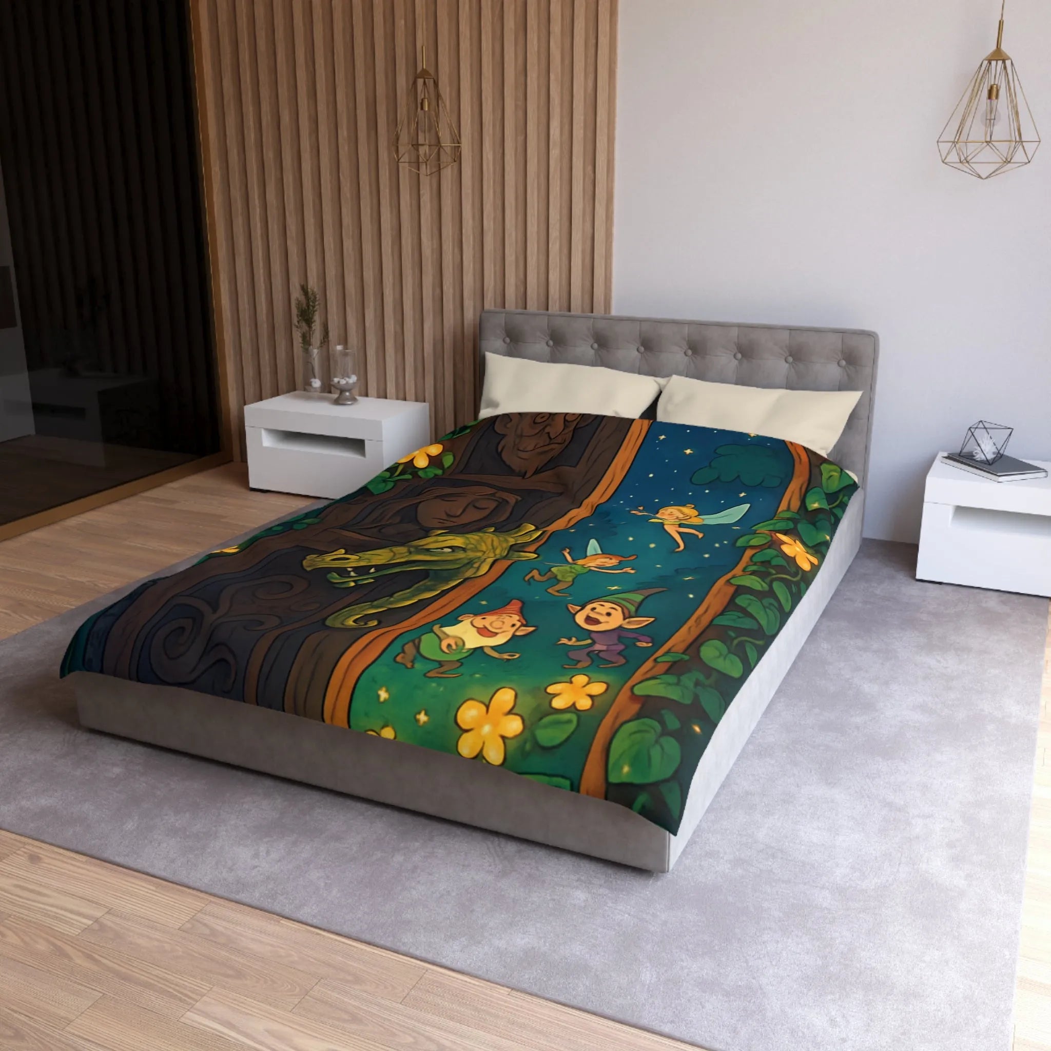 Housse de couette magique avec fées et lutins dans une forêt enchantée la nuit